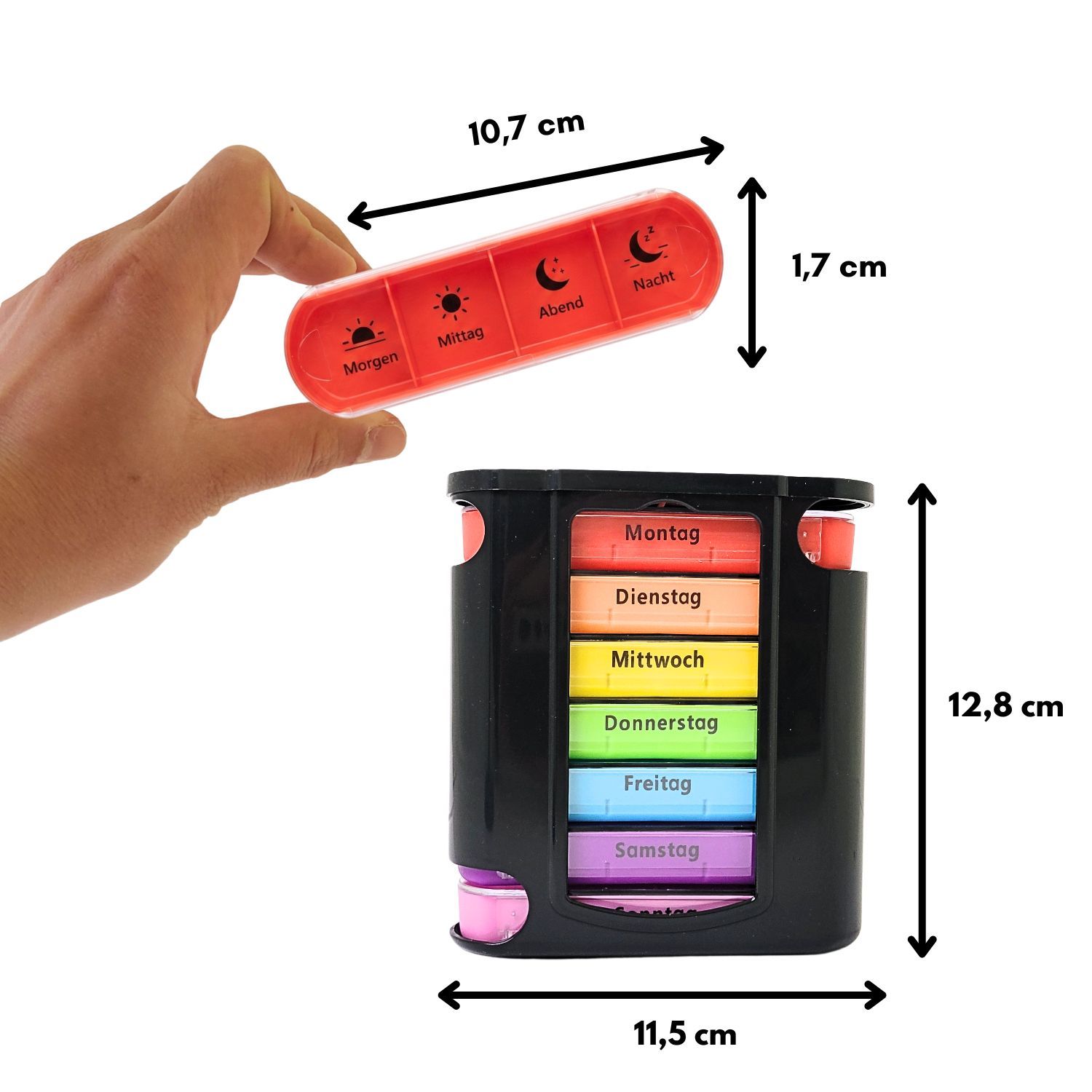 Tablettenfächer in verschiedenen Farben. Text: Morgen, Mittag, Abend, Nacht. Vorteile: übersichtlich, sicher, hochwertig, haltbar.