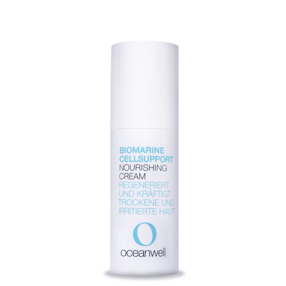 Zylindrische weiße Flasche. Text: Biomarine Cellsupport Nourishing Cream. Regeneriert und kräftigt trockene und irritierte Haut. Logo: O, oceanwell.