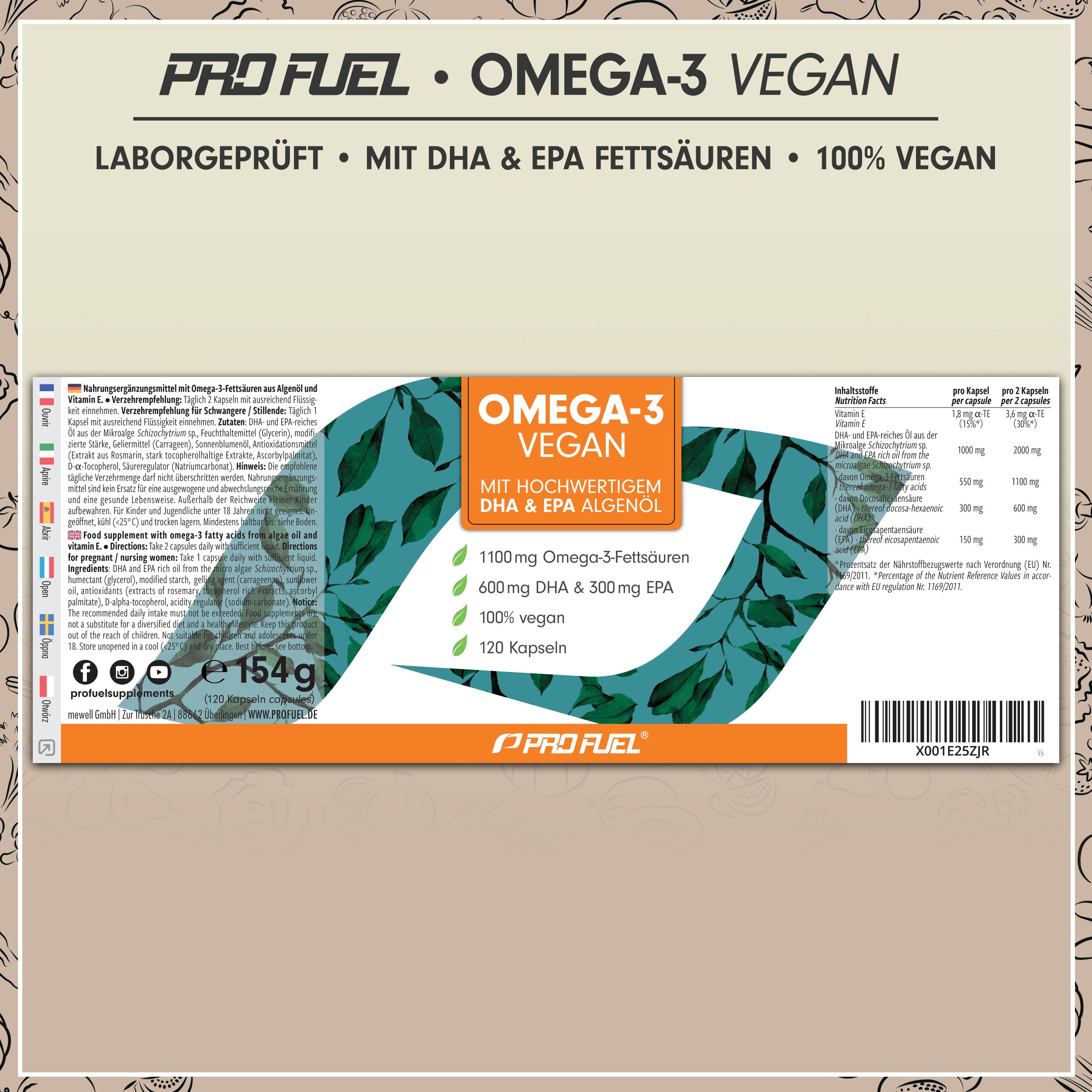 Produktverpackung. Aufschrift: OMEGA-3 VEGAN. Enthält 120 Kapseln. Informationen zu Inhaltsstoffen und Nährwerten.