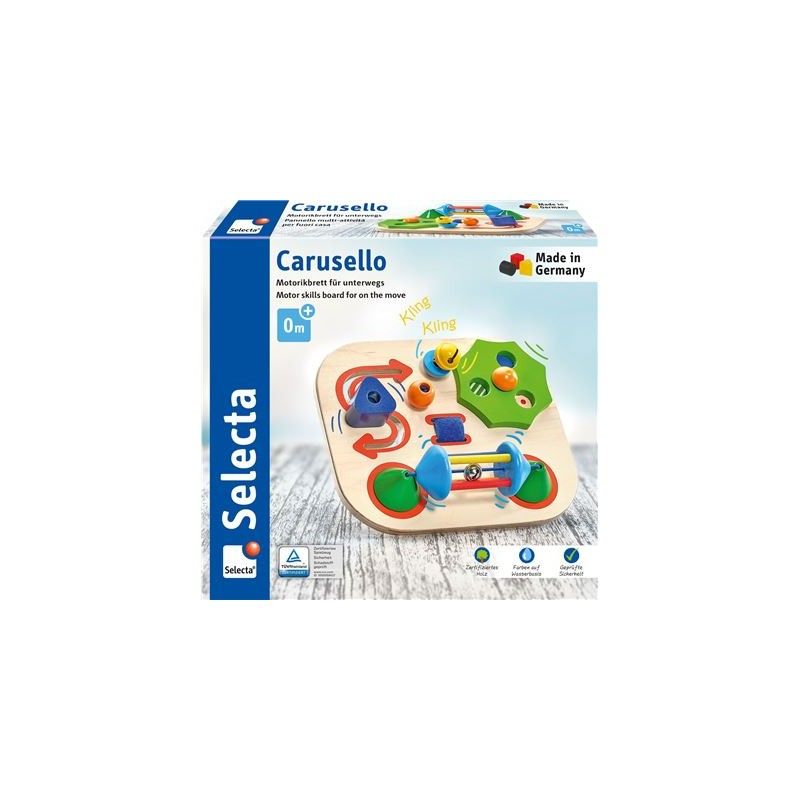 Holzspielzeug Carusello, Motorikbrett für unterwegs. Quadratische Holzplatte mit bunten Elementen. Verpackung mit Produktname und Logo.