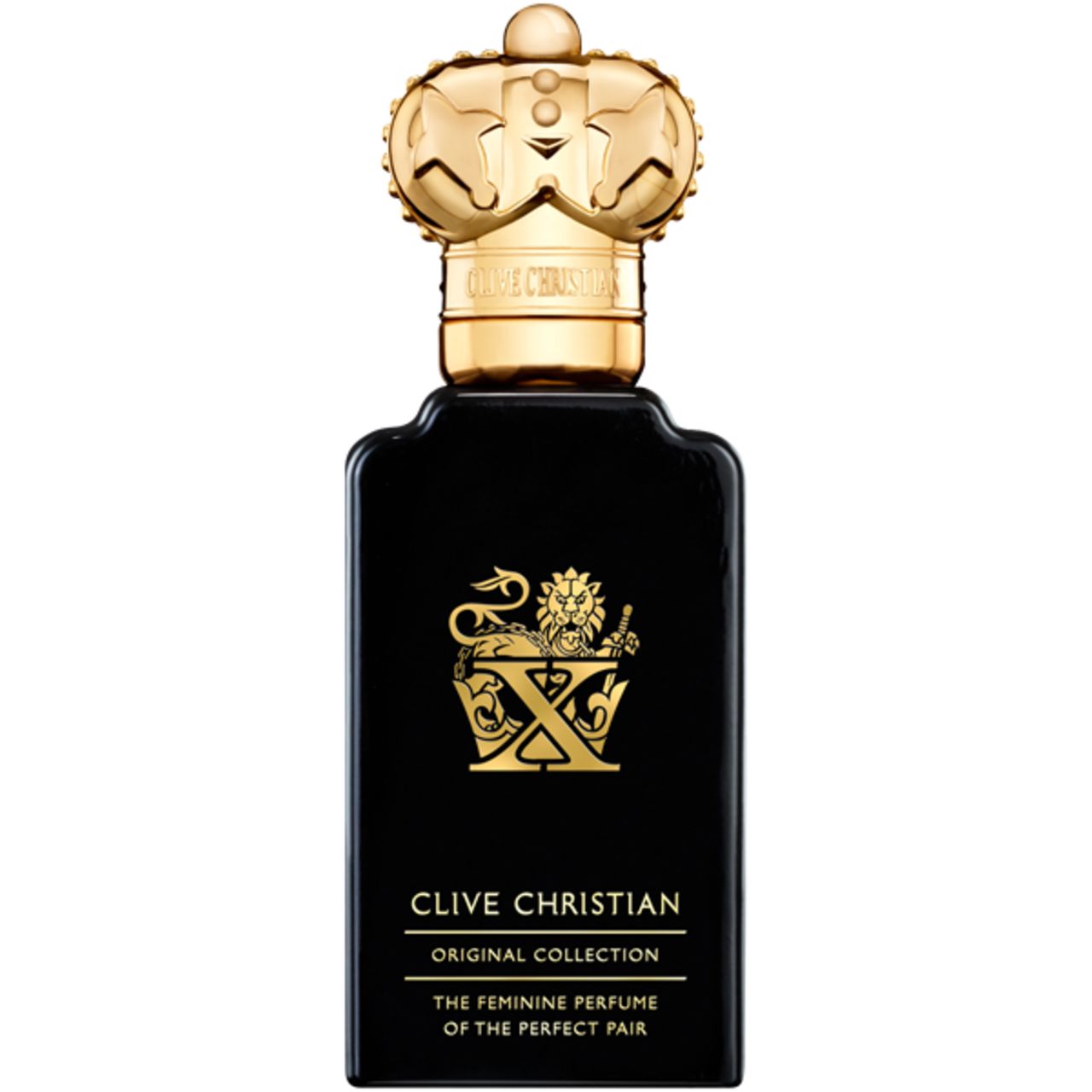 Schwarze Flasche mit goldener Krone und Logo. "Clive Christian, X Feminine Perfume Spray".