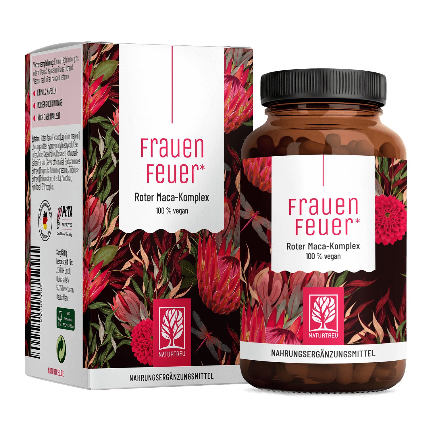 Braune Flasche und Schachtel mit Produktaufdruck. Aufschrift: Frauen Feuer, Roter Maca-Komplex, 100% vegan. Logo NATURTREU®.