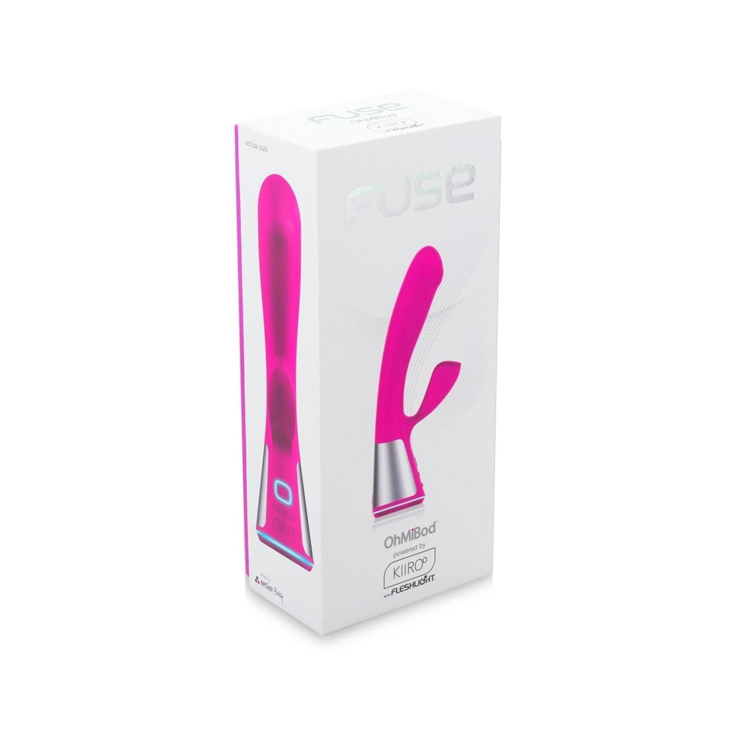 Produktverpackung mit Produktabbildung. Text: OhMiBod, Kiiroo. Rosa und weiß.