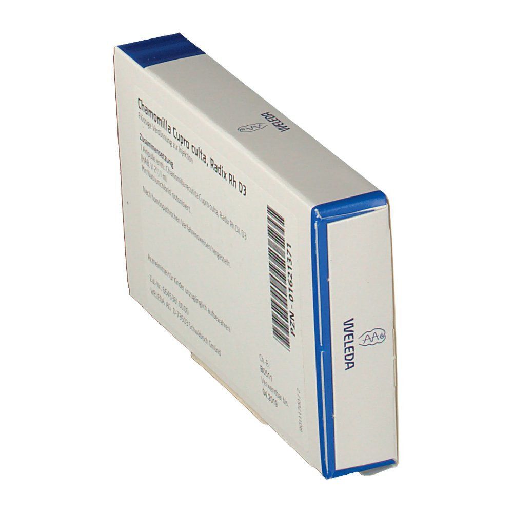 Weleda-Verpackung, blaue und weiße Schachtel. Produktname und Logo sichtbar. Barcode und Text in deutscher Sprache.