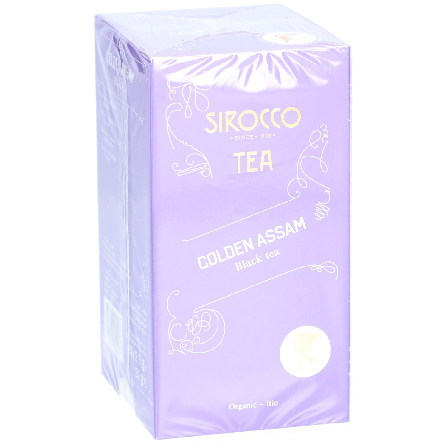 Violette Verpackung mit "Sirocco Tea Golden Assam". Aufschrift und Logo. Durchsichtige Folie.