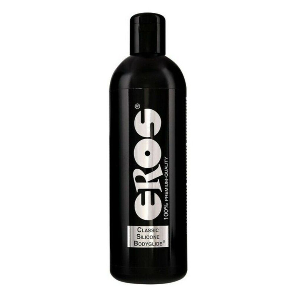 Schwarze Flasche mit weißem "Eros"-Logo und Text "Classic Silicone Bodyglide".