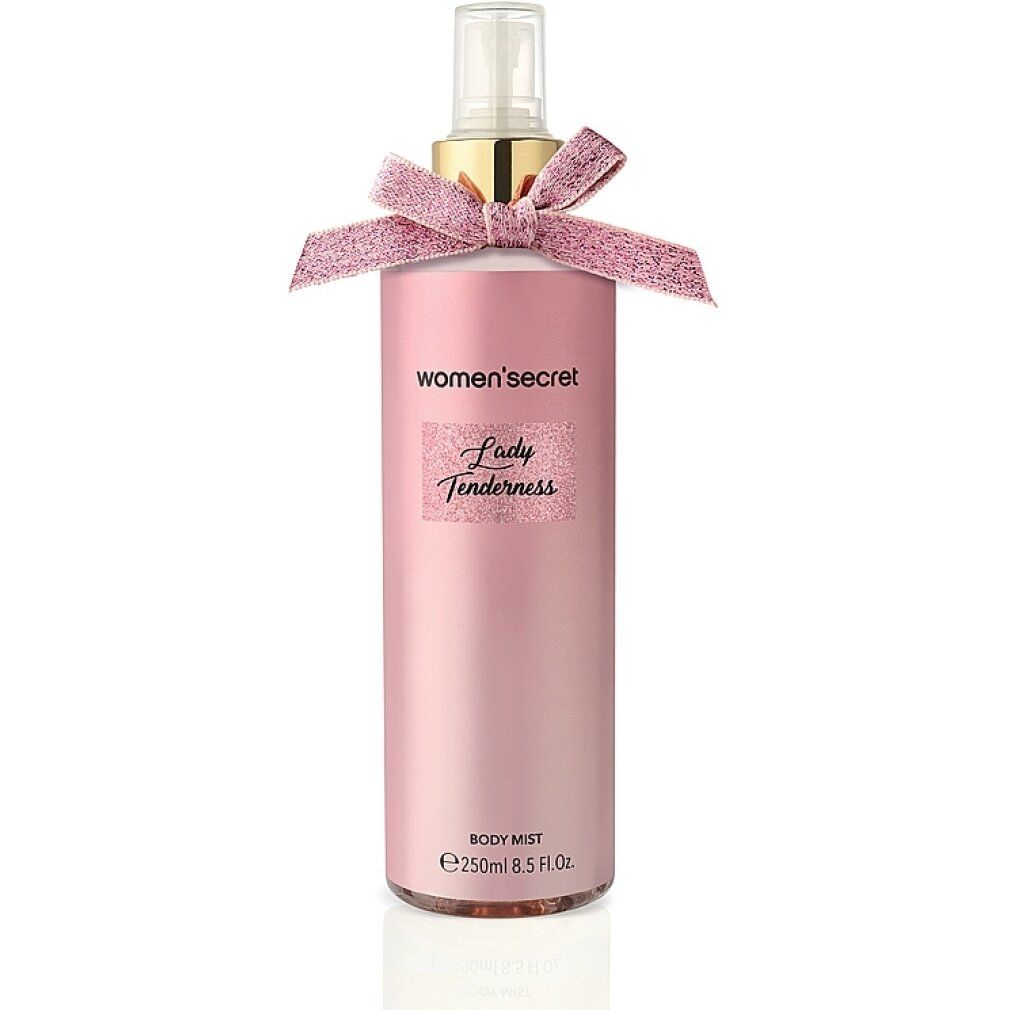 Rosa Body Mist Flasche mit Schleife. Aufschrift: Women'secret Lady Tenderness. Unten: Body Mist, 250ml 8.5 Fl.oz.