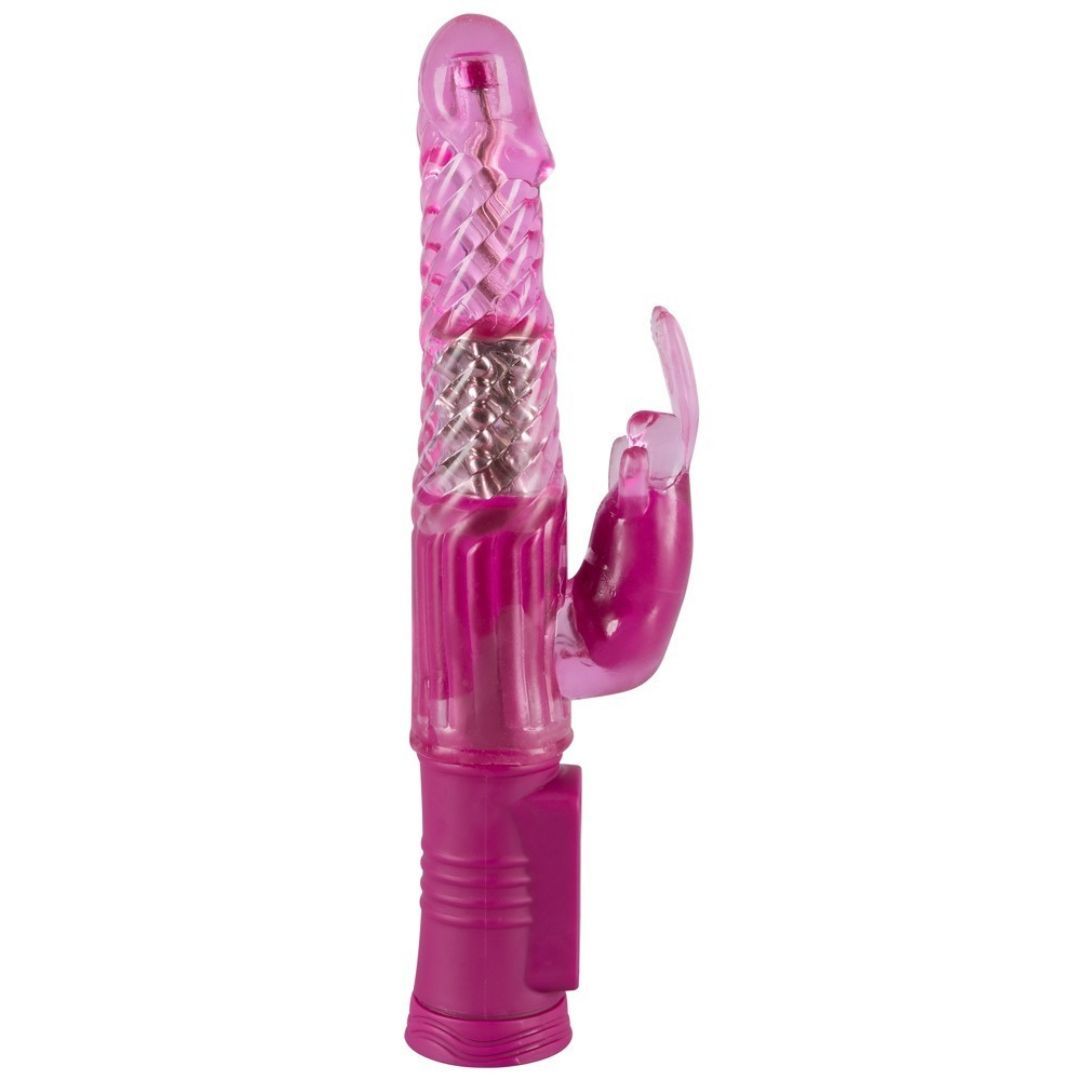 Rosa Vibrator mit geriffelter Oberfläche und Kaninchenohr. Bedienfeld nicht sichtbar.