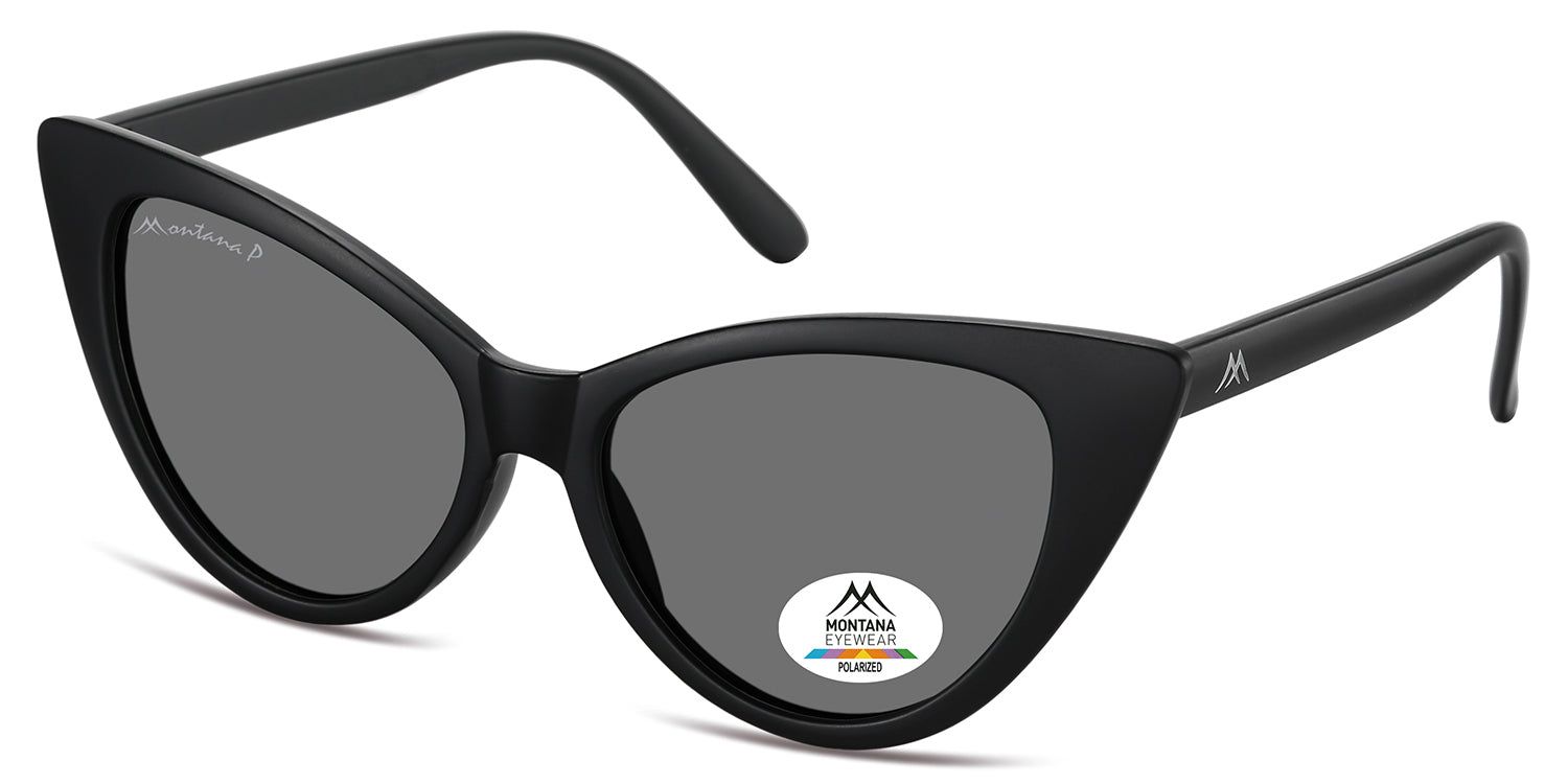 Schwarze Sonnenbrille mit grauen Gläsern. Katzenaugenform. Montana Eyewear Logo auf dem Bügel und Glas. Polarisierte Gläser.