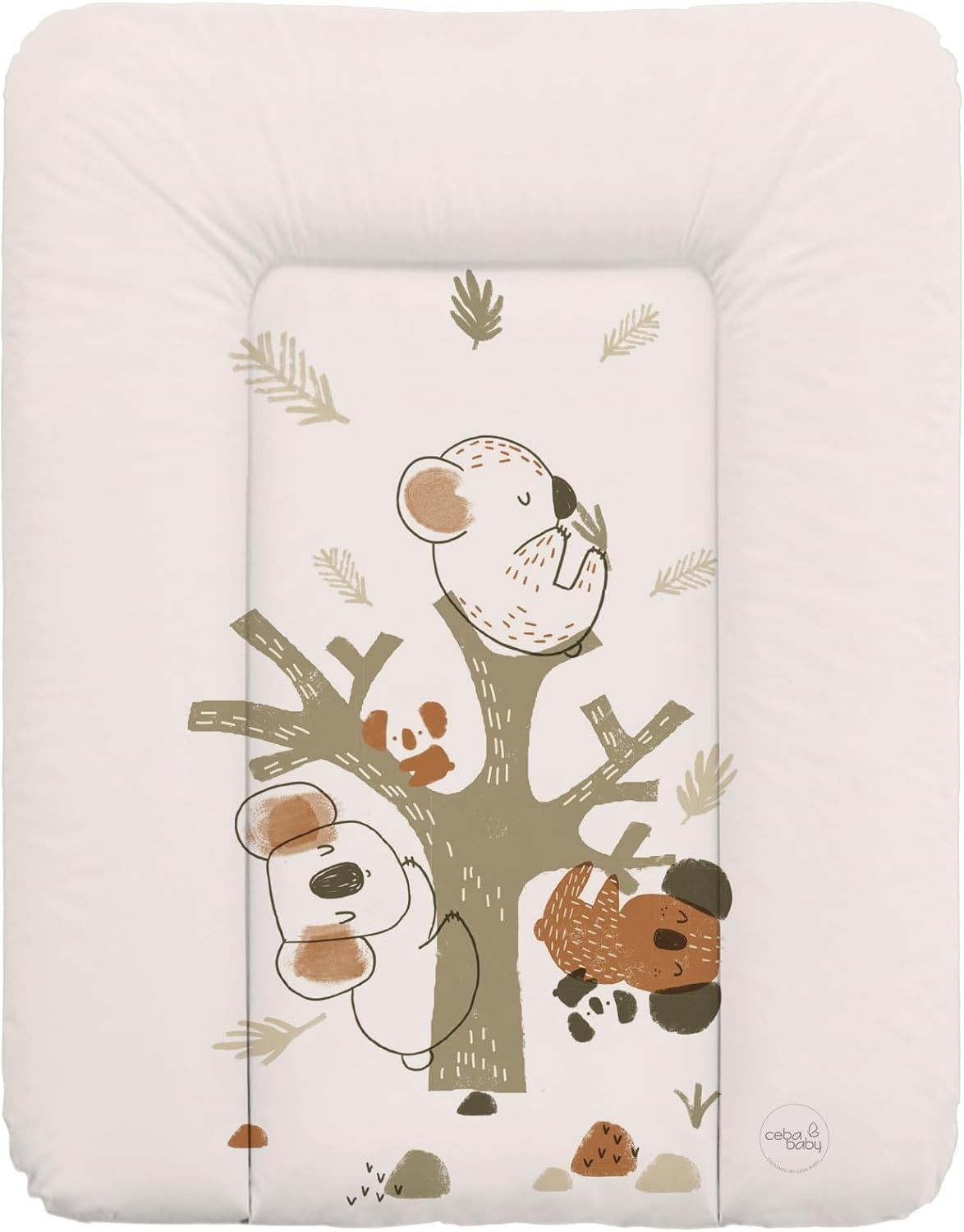 Wickelauflage mit Koala-Motiv. Beige mit gepolsterten Rändern. Baum- und Blätter-Design mit Koala-Illustrationen.