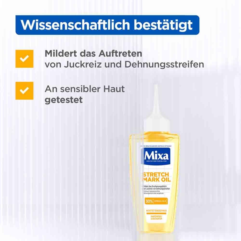 Gelbe Flasche mit weißem Applikator. Aufschrift Mixa Stretch Mark Oil. Text: Wissenschaftlich bestätigt. Mildert Juckreiz und Dehnungsstreifen.