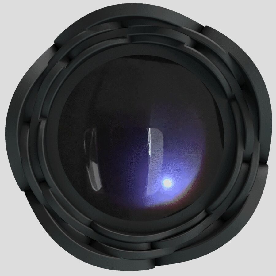 Nahaufnahme des blütenförmigen Teils eines schwarzen Analplugs. In der Mitte befindet sich eine Linse, die das LED-Licht enthält.