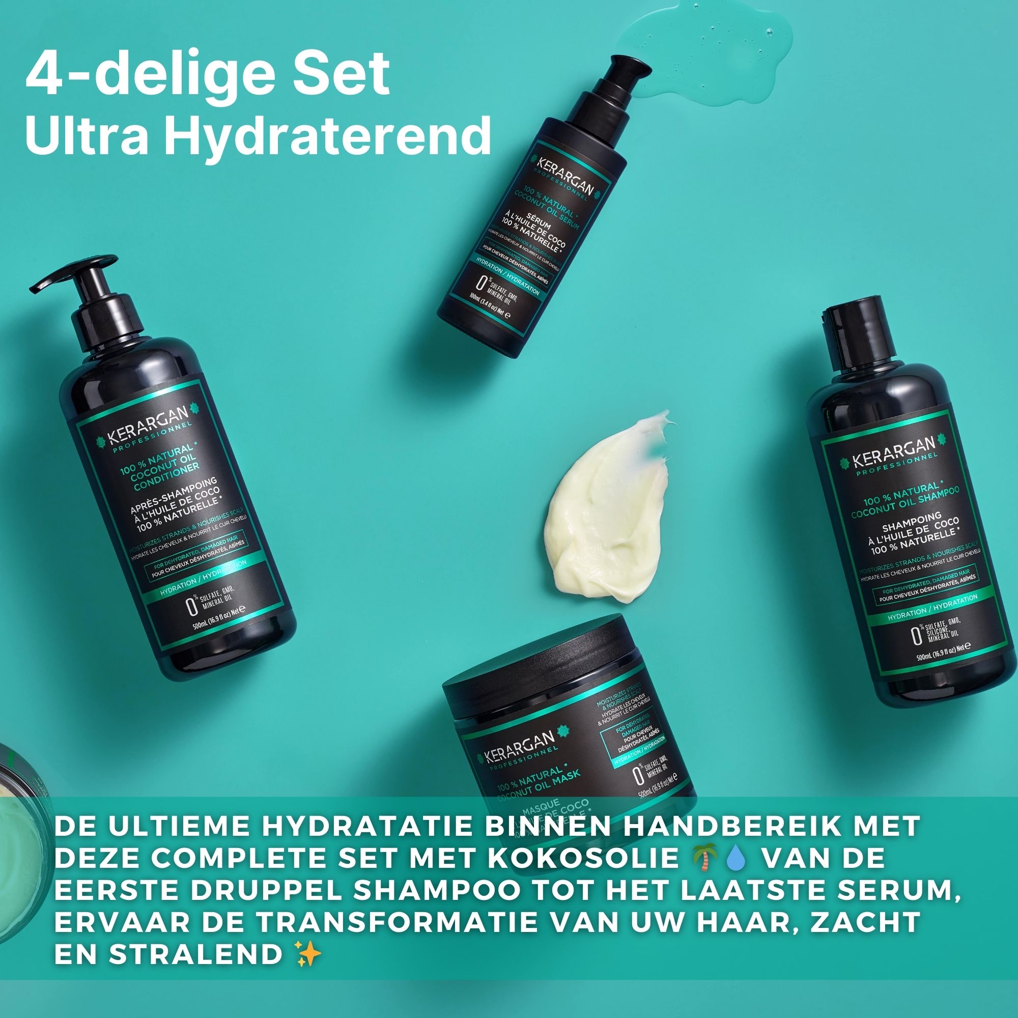 Vier Kerargan-producten op blauwe achtergrond. Shampoo, conditioner, masker en serum. Tekst.