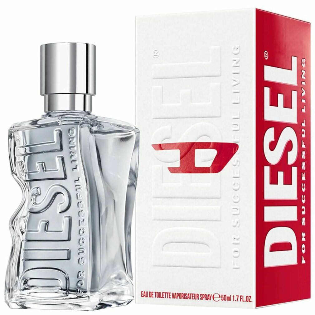 Klarer Flakon mit silbernem Verschluss und weiß-roter Verpackung. Aufschrift DIESEL. FOR SUCCESSFUL LIVING.