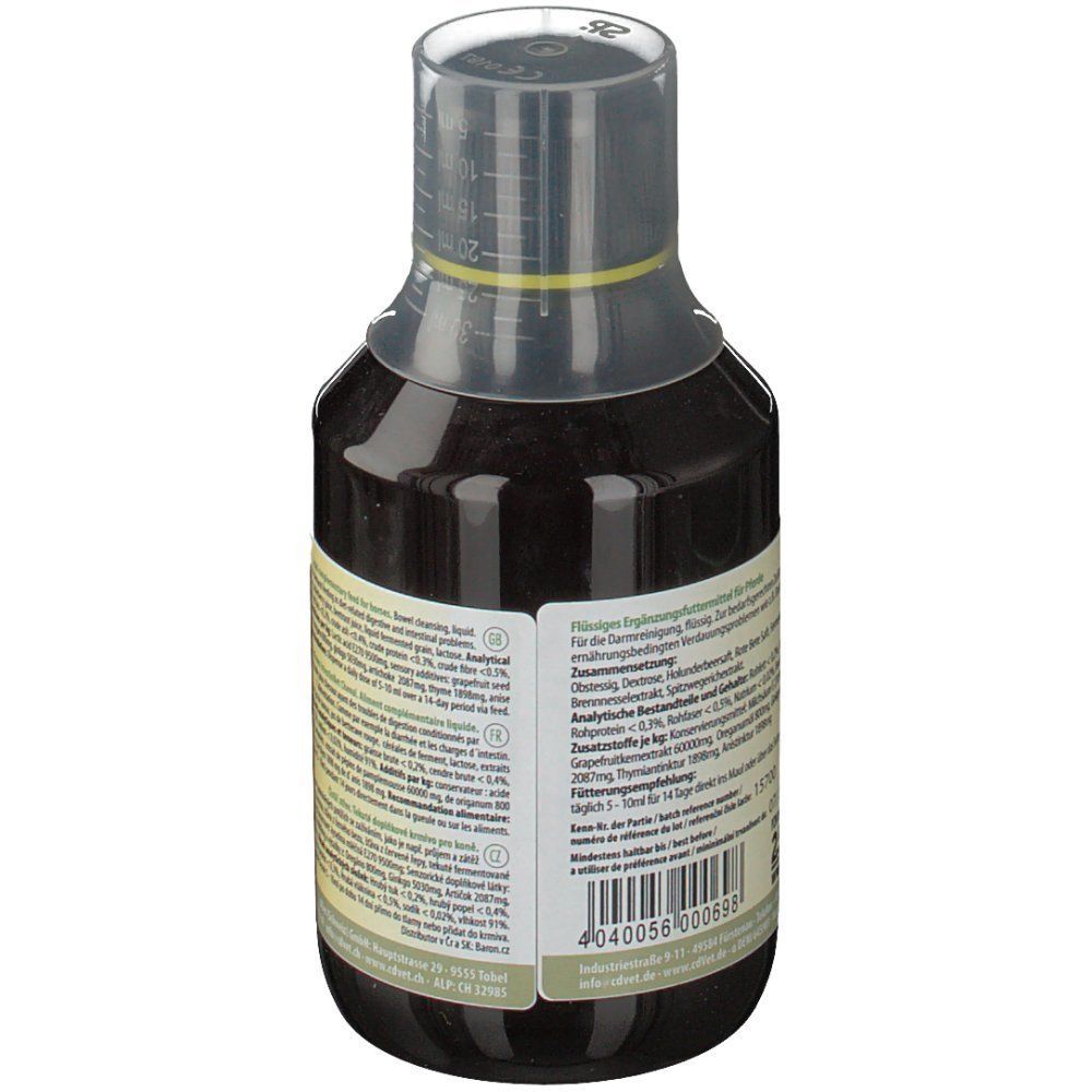 Braune Flüssigkeit in einer Flasche. Rückansicht mit Etikett und Produktinformationen. Transparenter Verschluss.