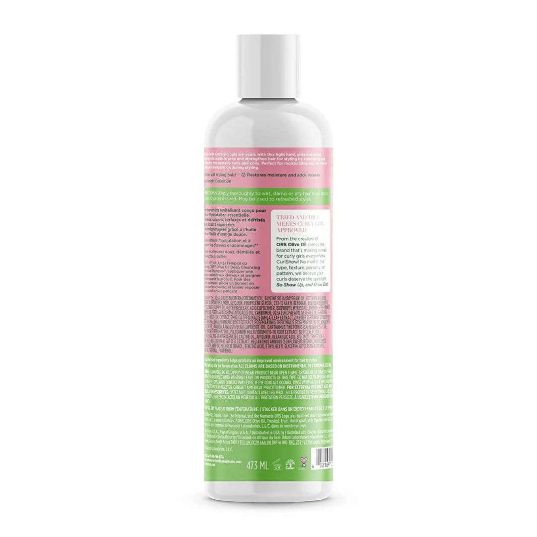Rückseite der Flasche. Rosa und grüne Etiketten mit Text. Enthält Olivenöl. Mit Zertifizierungen.