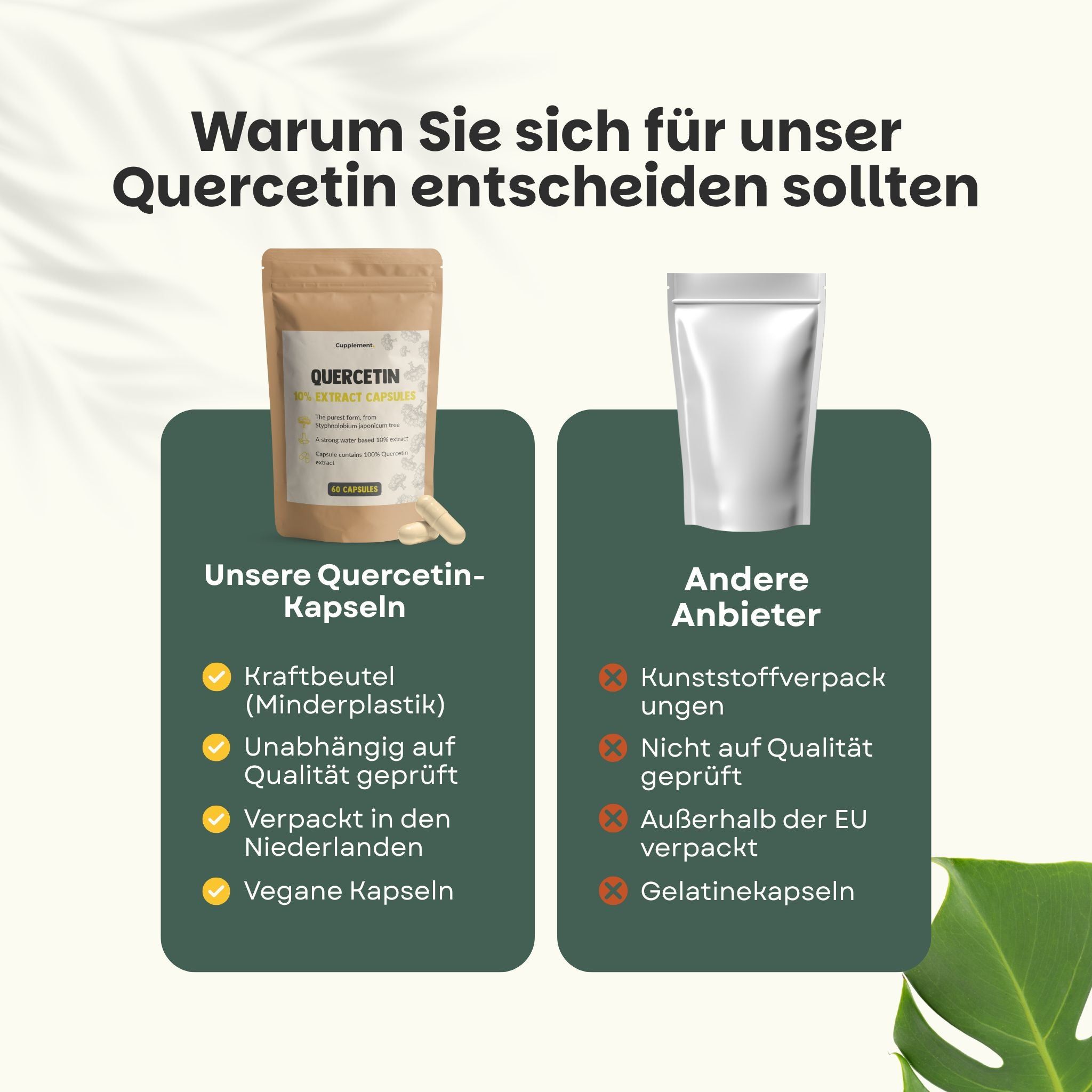 Vergleich von Quercetin-Kapseln und anderen Anbietern. Text: Kraftbeutel, vegane Kapseln.