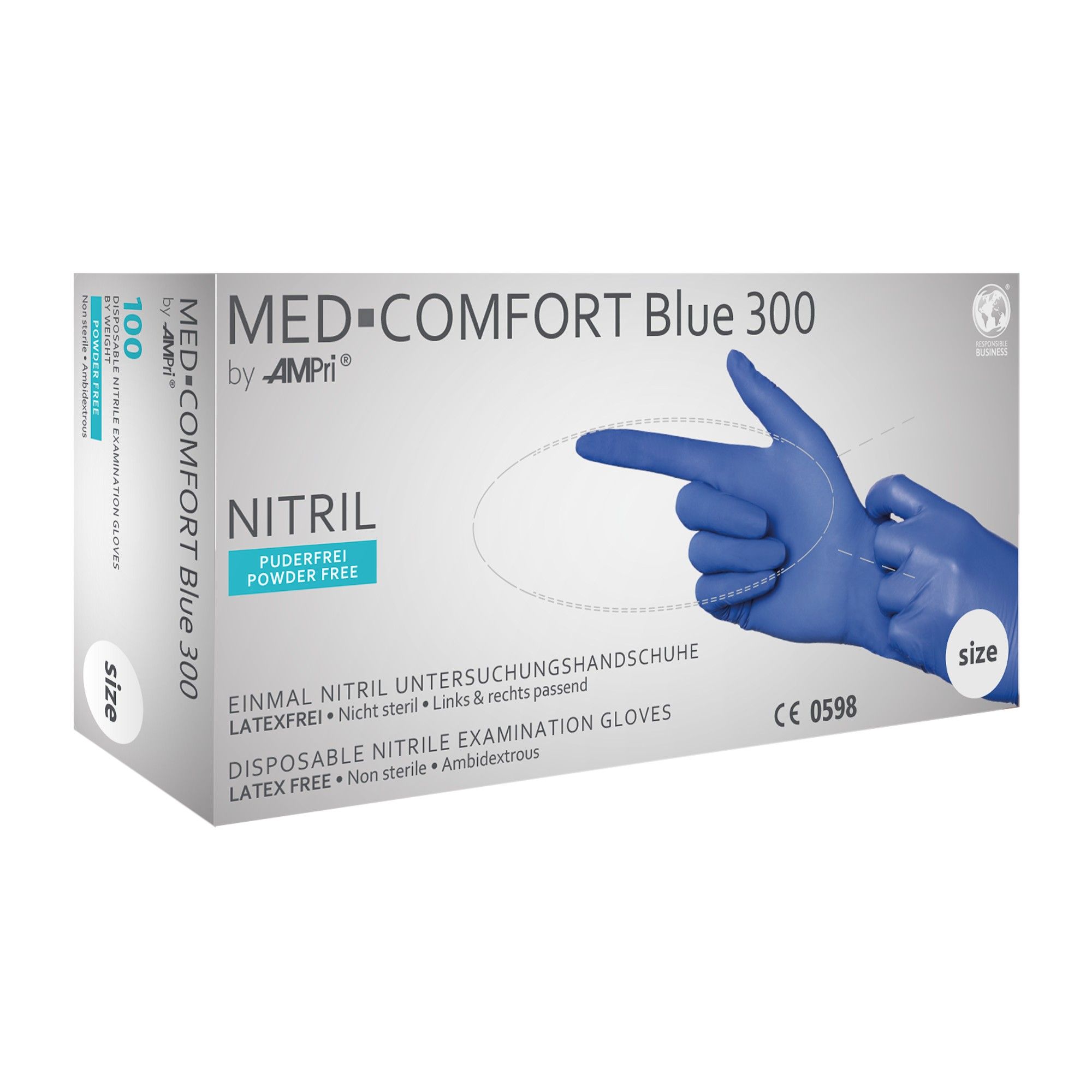 Schachtel mit MED-COMFORT Blue 300 Nitril-Untersuchungshandschuhen, mit Abbildung eines Handschuhs.