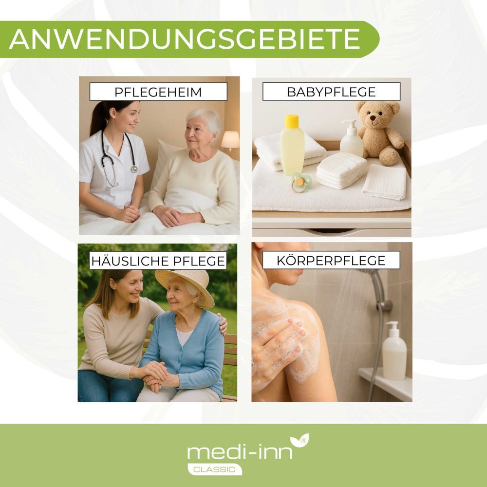 Anwendungsgebiete: Pflegeheim, Babypflege, häusliche Pflege, Körperpflege. Logo: medi-inn.