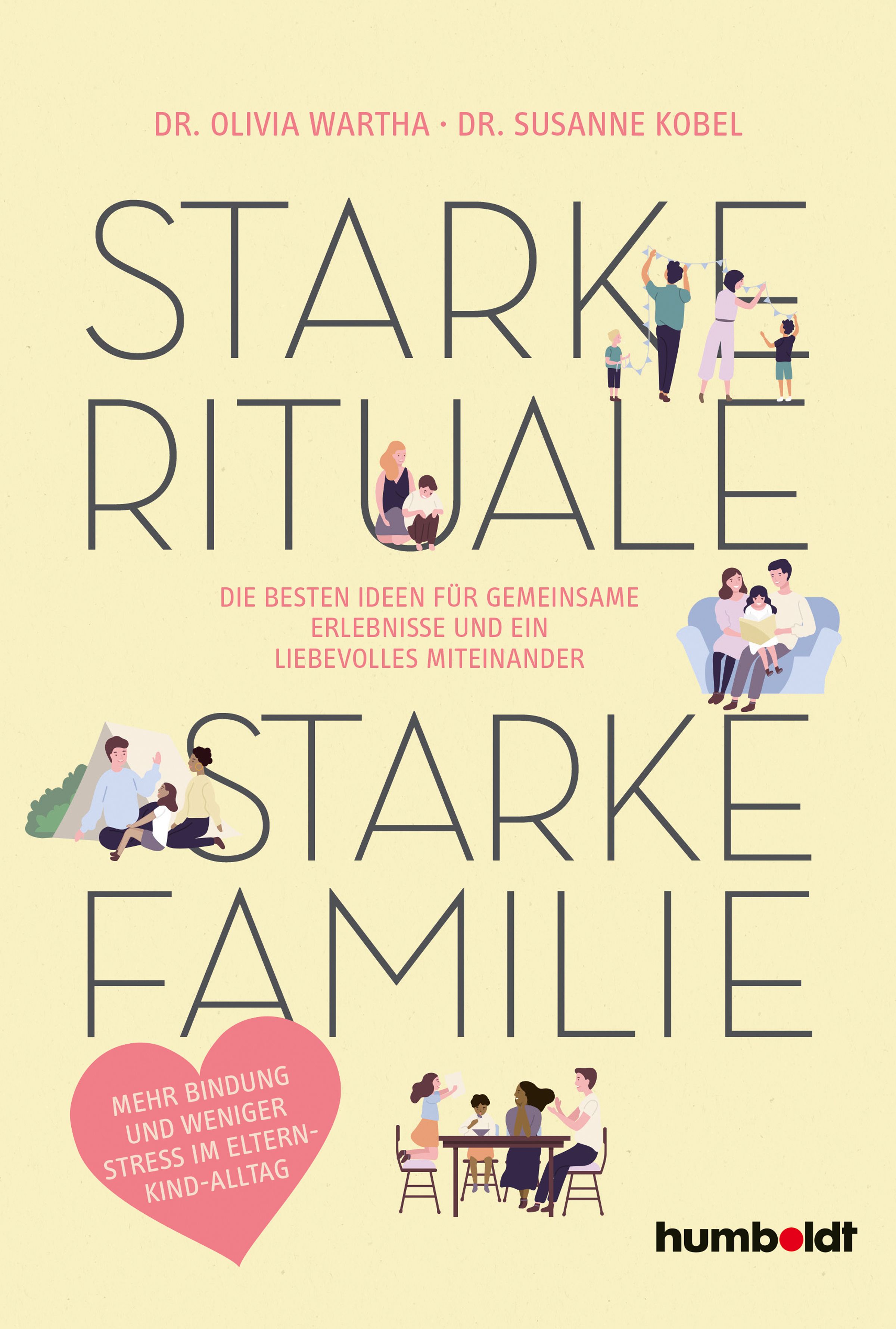 Buchcover mit Titel "Starke Rituale – starke Familie". Illustrationen von Familien. Autoren: Dr. Olivia Wartha, Dr. Susanne Kobel. Verlag: humboldt.