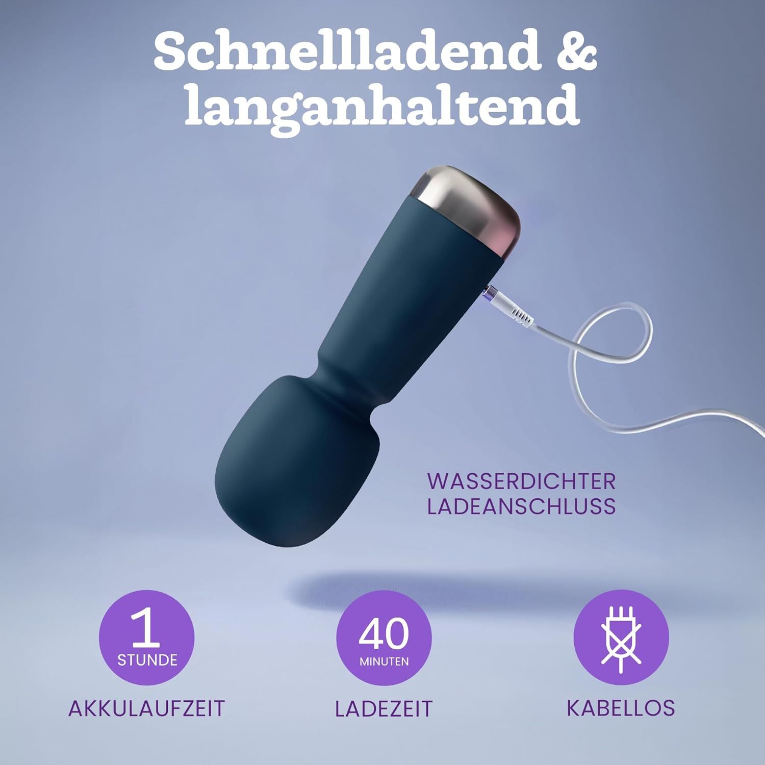 Blauer Mini Vibrator mit Ladekabel. Symbole: 1 Std. Akkulaufzeit, 40 Min. Ladezeit, Kabellos.