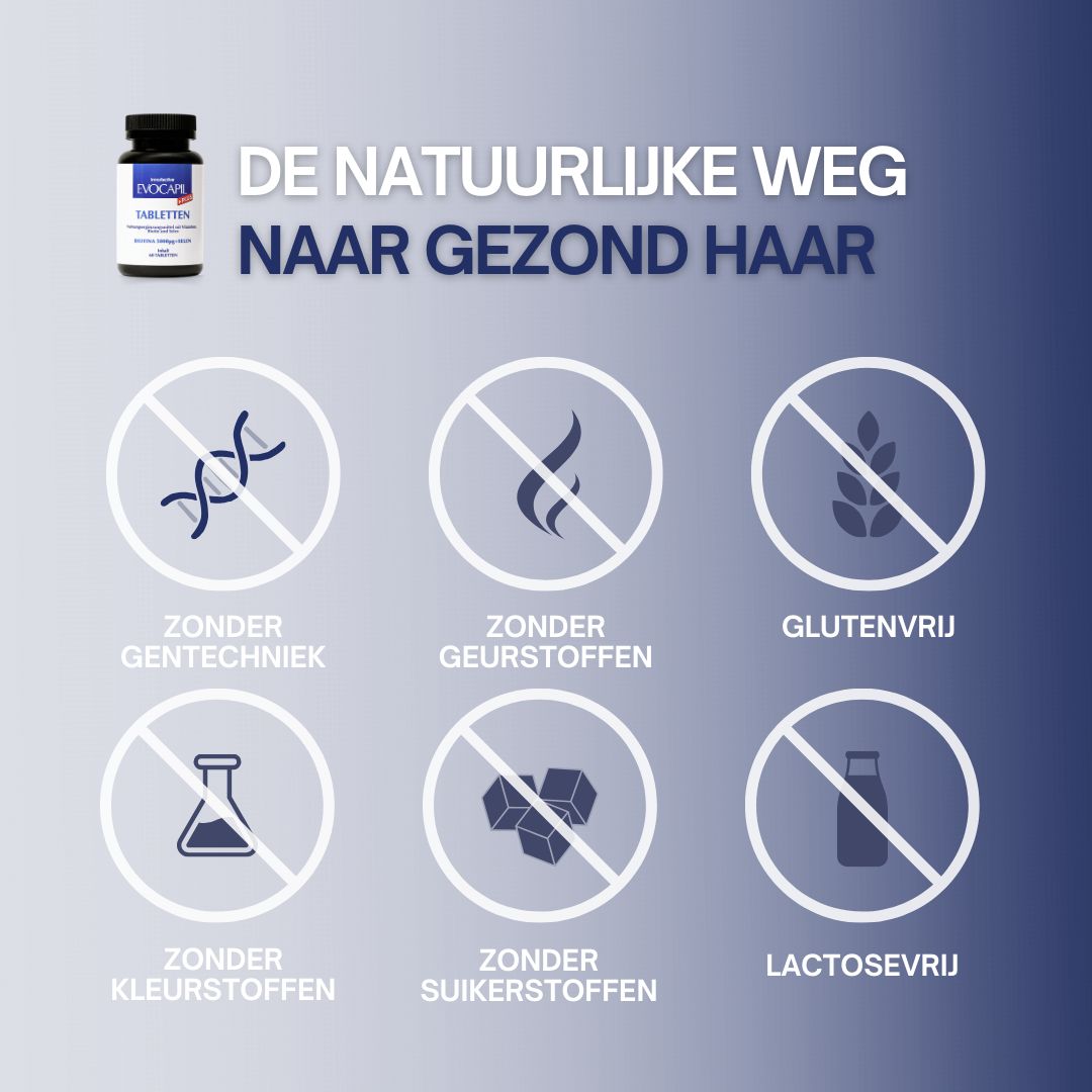 Tabletten tegen haaruitval. Fles met wit etiket. Bevat 60 tabletten. Tekst: Stimuleren de haargroei.