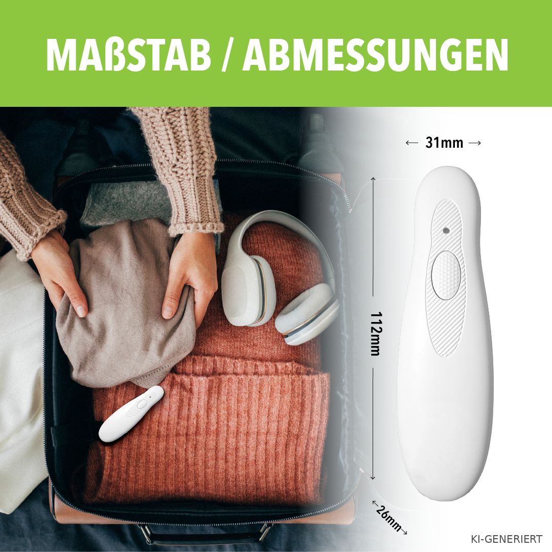 Kompakter weißer Insektenstichheiler (112x31x26mm) wird in Koffer gepackt.