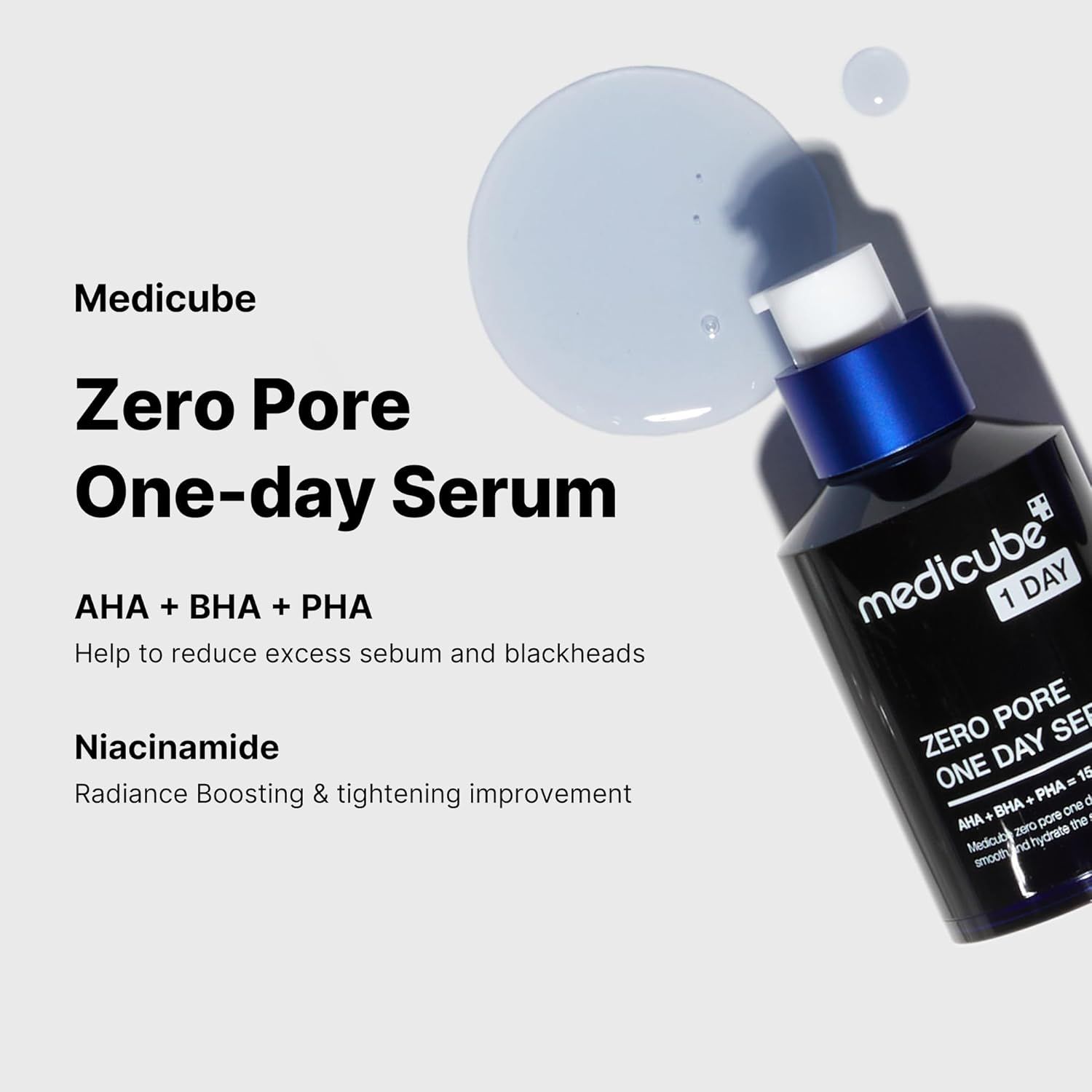 MEDICUBE Zero Pore One-day Serum. Schwarze Flasche mit blauem Deckel. Text: AHA + BHA + PHA. Hilft, überschüssigen Talg und Mitesser zu reduzieren.