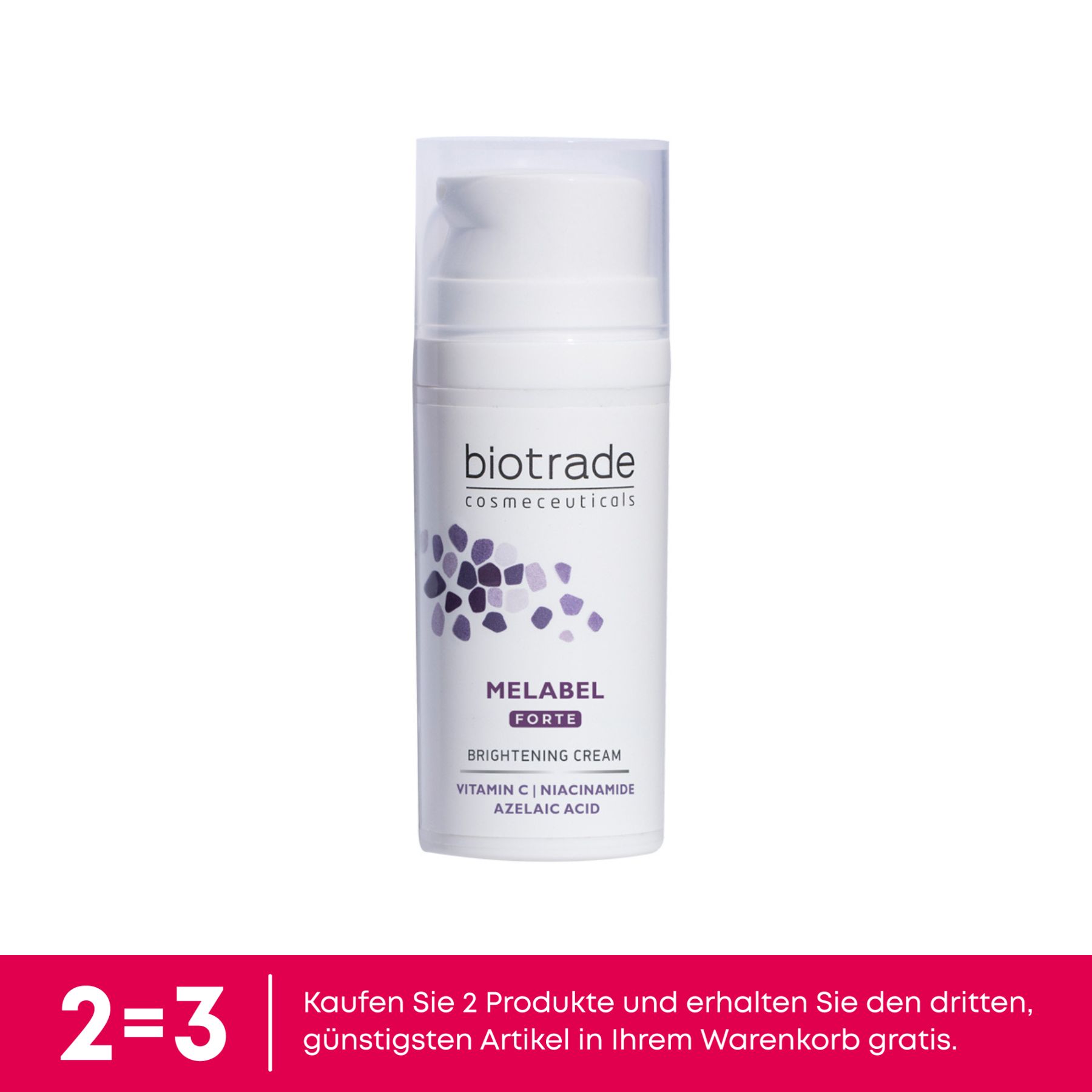 Weiße Biotrade Melabel Forte Creme-Flasche mit Dosierpumpe. Text: Melabel Forte, Brightening Cream, Vitamin C, Niacinamide, Azelaic Acid. Angebot: 2+1 gratis.