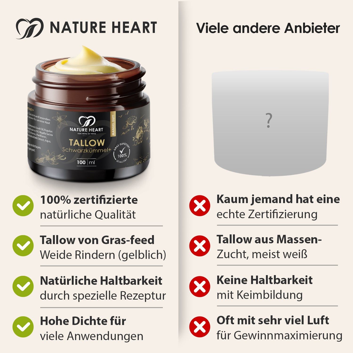 Vergleich: Tallow Schwarzkümmel+ vs. andere Anbieter. Vorteile: 100% zertifizierte natürliche Qualität, Tallow von Gras-feed Weide Rindern, Natürliche Haltbarkeit.
