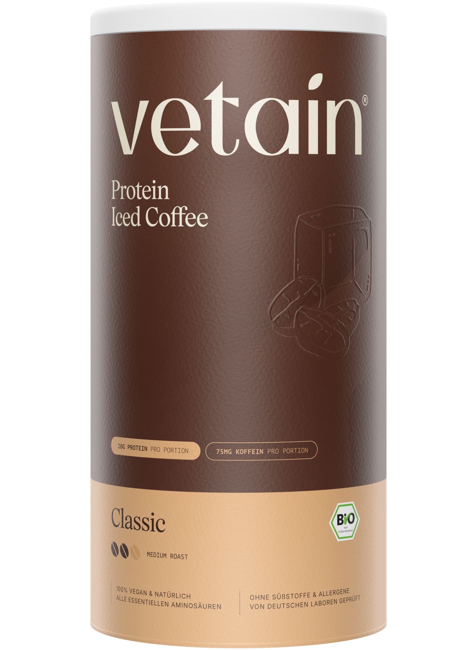 Braune Dose mit weißem Deckel. Aufschrift: Vetain, Protein Iced Coffee. Bio-Siegel. Aufdruck: Classic, Medium Roast.
