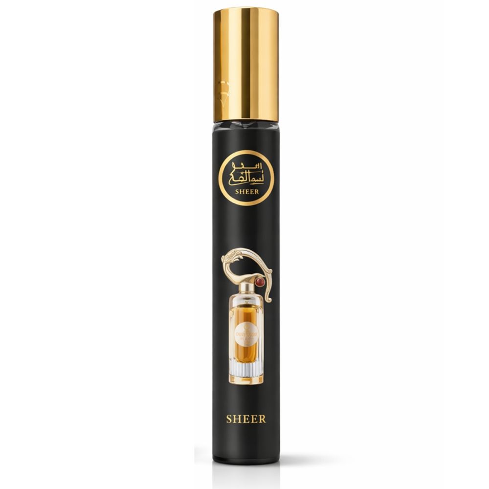 Schwarzer Flakon mit goldenem Deckel. Aufschrift: Lattafa Sheer. Kleines Bild des Flakons. Goldfarbene Details.
