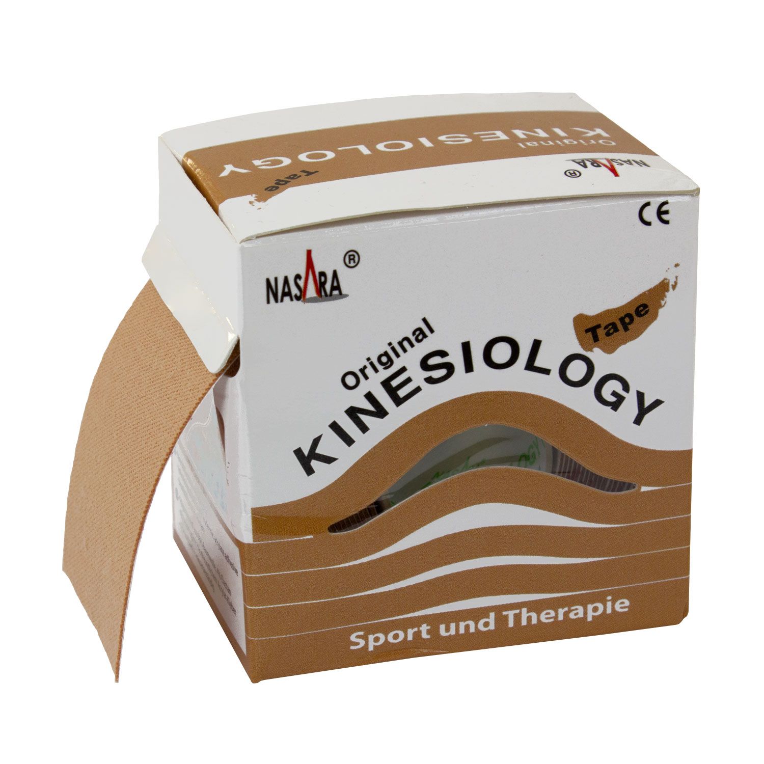 Kinesiologie Tape-Rolle, beige. Aufschrift: NASARA Original Kinesiology Tape. 5,0 cm x 5 m. CE-Zeichen.