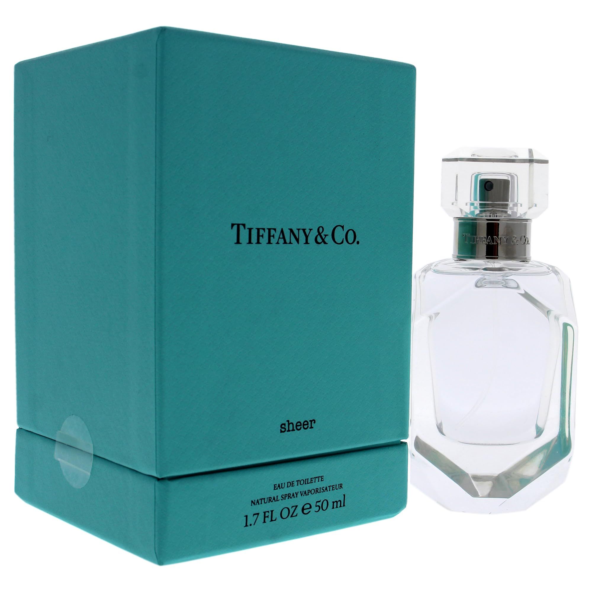 Türkisfarbene Schachtel und transparente Parfumflasche. Auf der Schachtel steht "Tiffany & Co.". Auf der Flasche steht "Sheer".