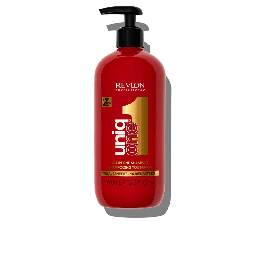 Rote Shampoo-Flasche mit schwarzem Pumpkopf. Aufschrift: Revlon Professional Uniq One. 10 Vorteile.