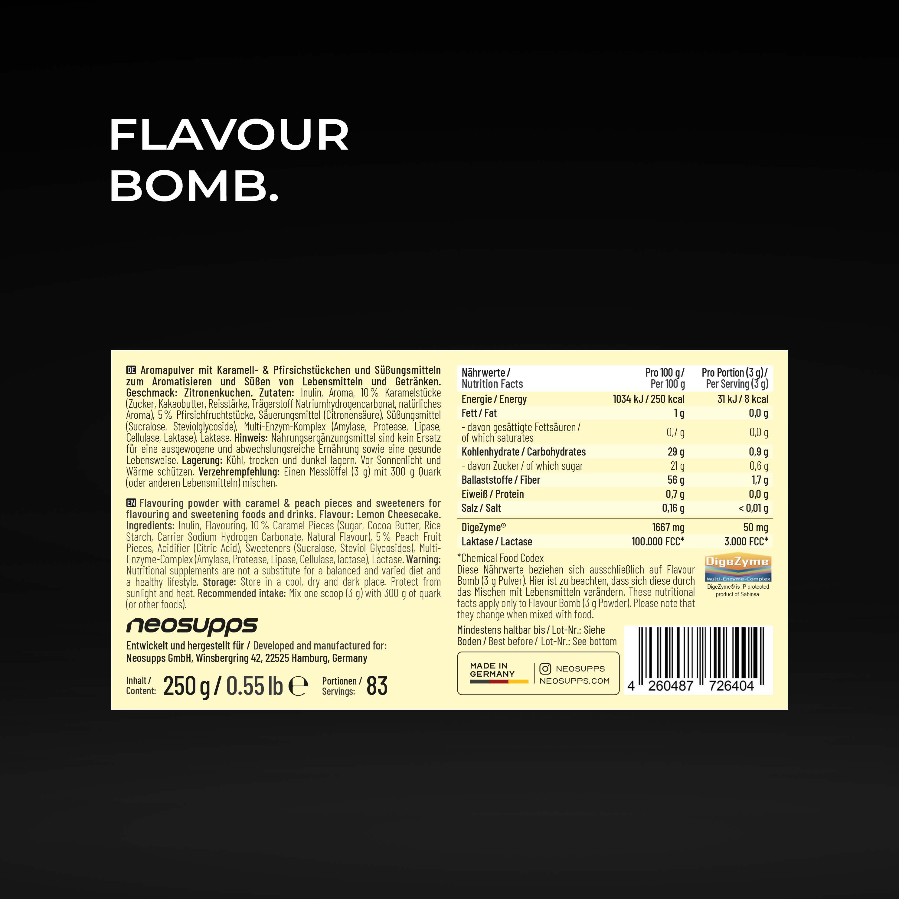 Neosupps Flavour Bomb Lemon Cheesecake Aroma-Pulver Dose mit Aufkleber 'Vegan' und 'Made in Germany'.