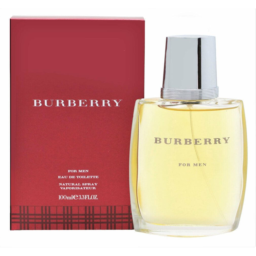 Burberry For Men EdT Flakon und rote Verpackung. Flakon mit silbernem Verschluss. Text auf Flakon und Verpackung.