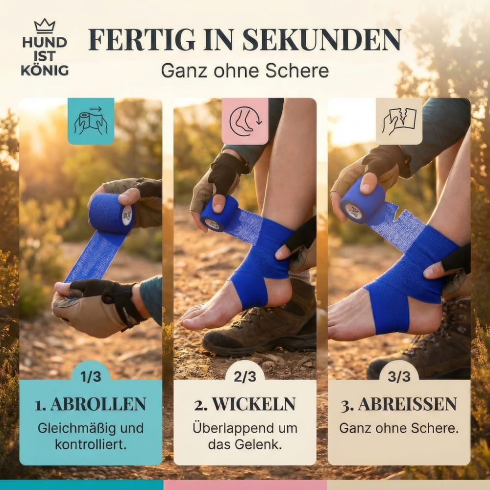 Bandage wird in drei Schritten angelegt. Text: FERTIG IN SEKUNDEN. Ohne Schere. Abrollen, Wickeln, Abreißen.