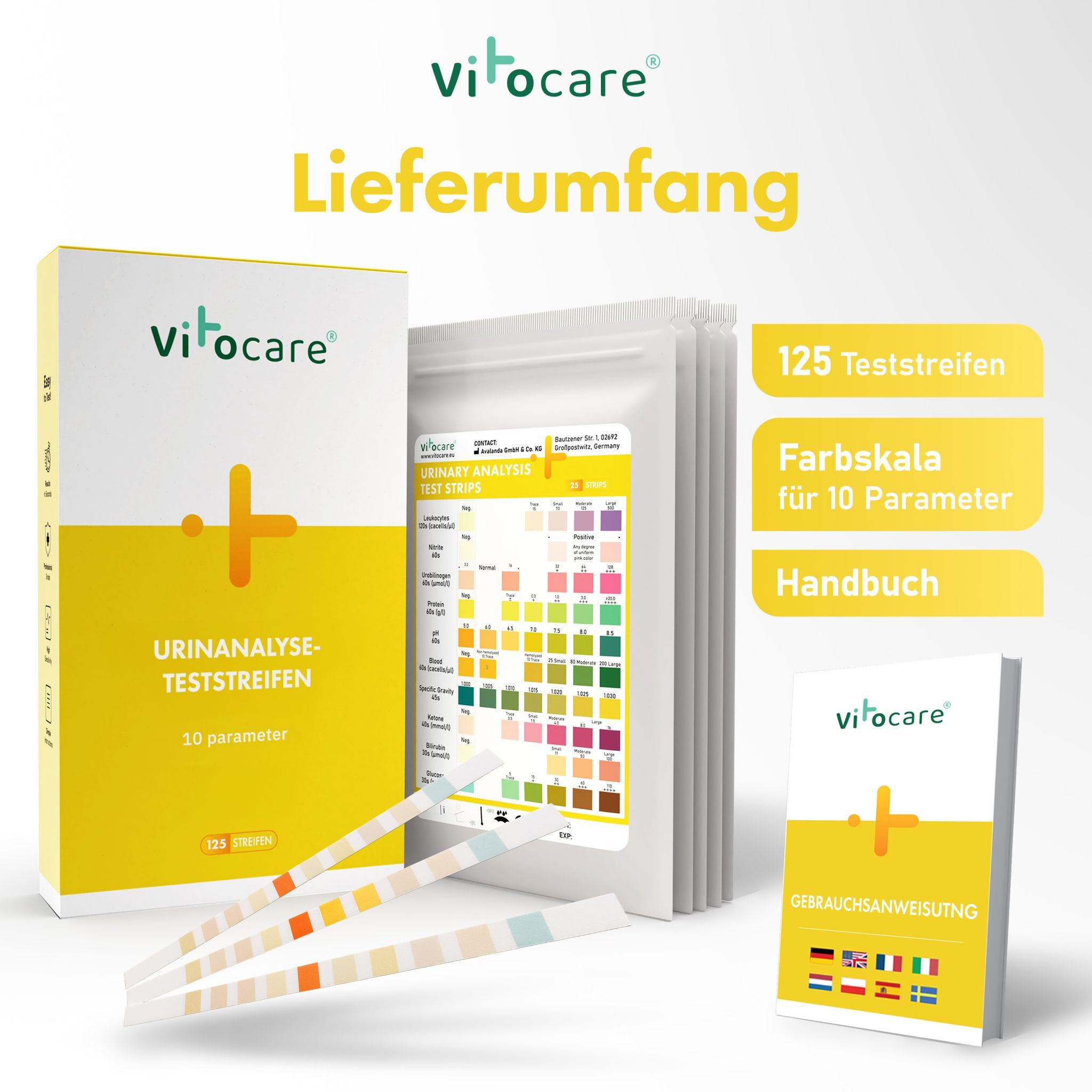 Vitocare Urinanalyse-Teststreifen: 125 Streifen, Farbskala für 10 Parameter, Handbuch.