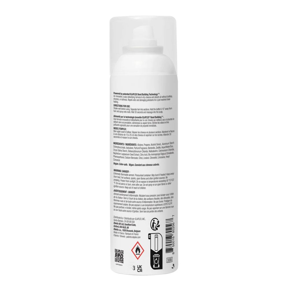 Rückseite der weißen Sprayflasche. OLAPLEX No. 4D Clean Volume Detox Dry Shampoo. Text in Englisch und Französisch. Warnhinweise.