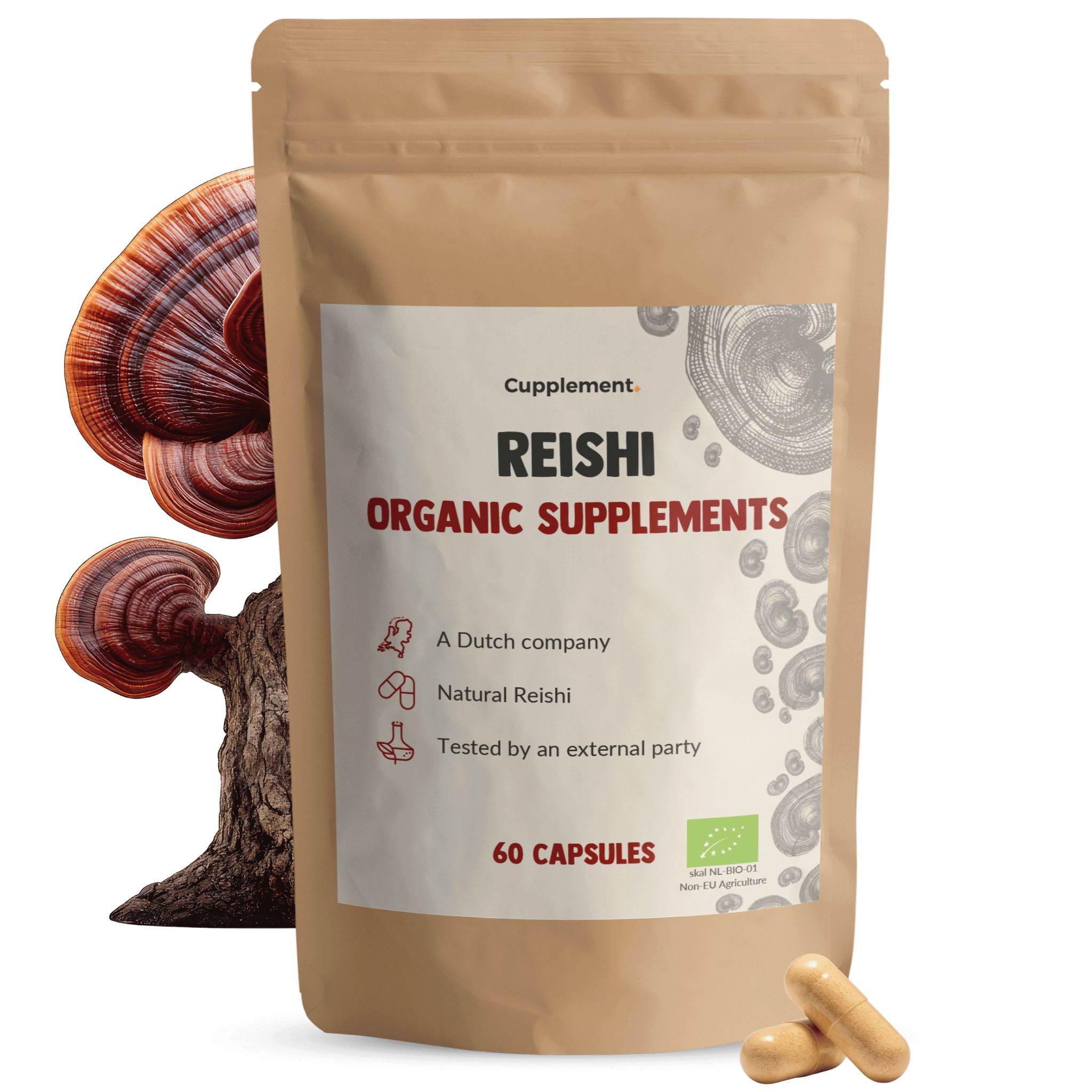 Beutel mit Reishi-Kapseln. Aufschrift: Reishi Organic Supplements. 60 Kapseln. Mit Pilz- und Holz-Illustrationen.