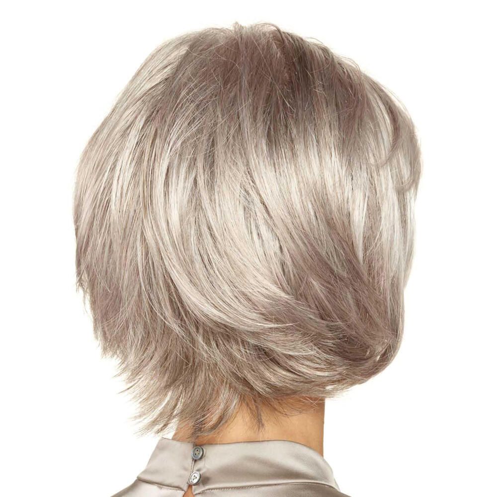 Kurzhaarperücke, grau-meliert, mit Pony. Rückansicht.