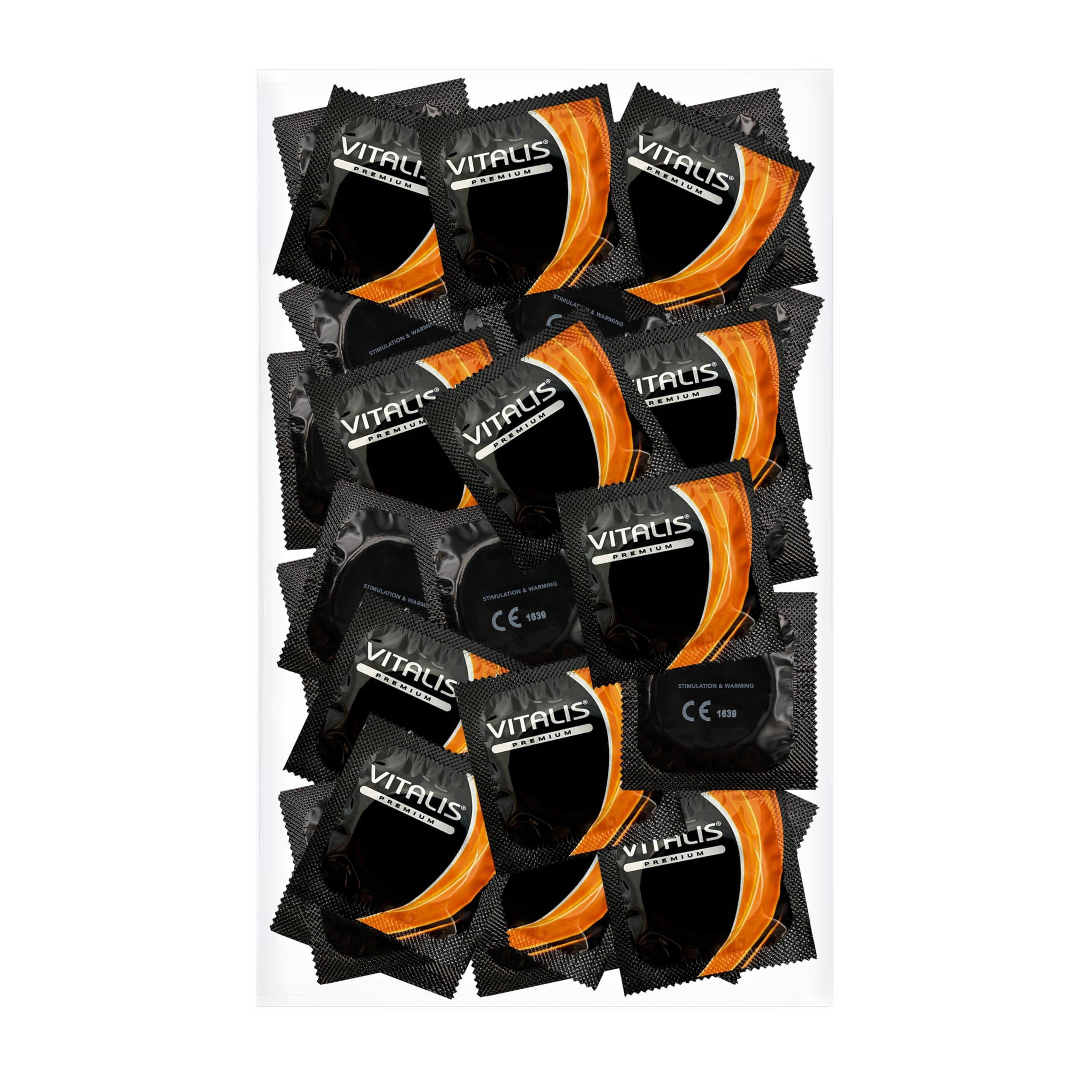 Vitalis PREMIUM Kondome in Einzelverpackungen, schwarz mit orangefarbenem Design.
