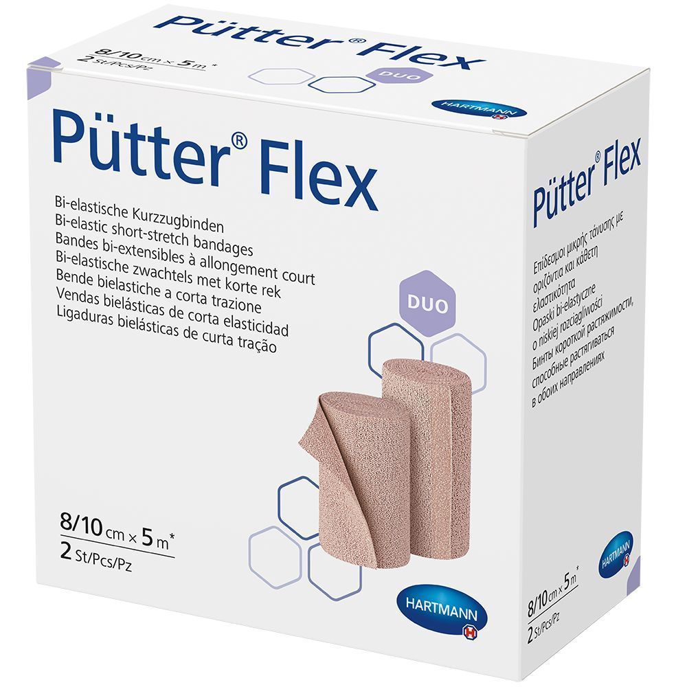 Verpackung mit zwei Rollen PütterFlex-Bandagen. Größe 8/10 cm x 5 m. Duo-Pack. Hartmann-Logo.