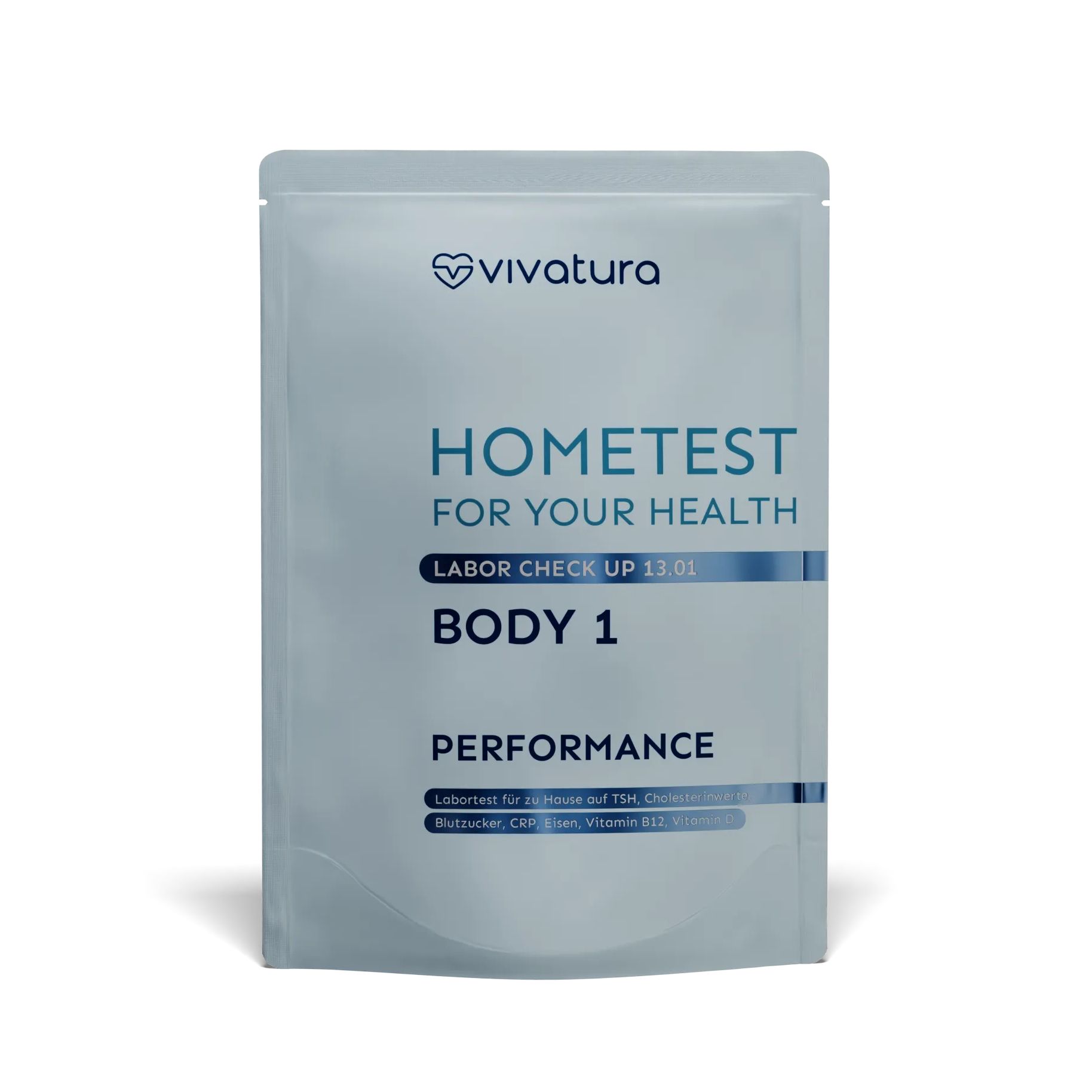 Beutel mit Produktinformationen. Aufschrift: vivatura, HOMETEST, BODY 1 PERFORMANCE. Enthält Labor Check Up 13.01.