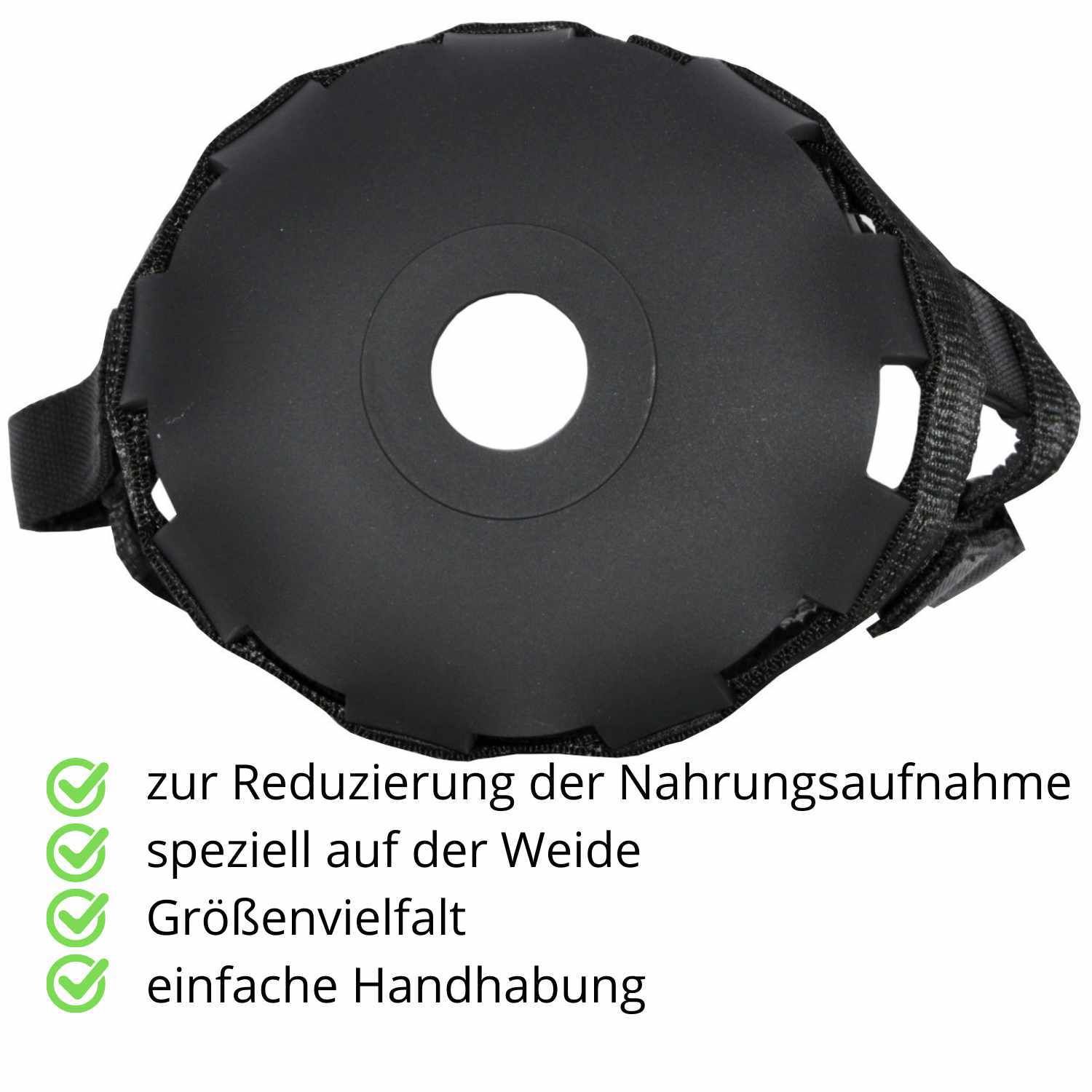 Schwarze Maulkorb-Basis mit Loch. Text: Reduzierung der Nahrungsaufnahme, speziell auf der Weide, Größenvielfalt, einfache Handhabung.
