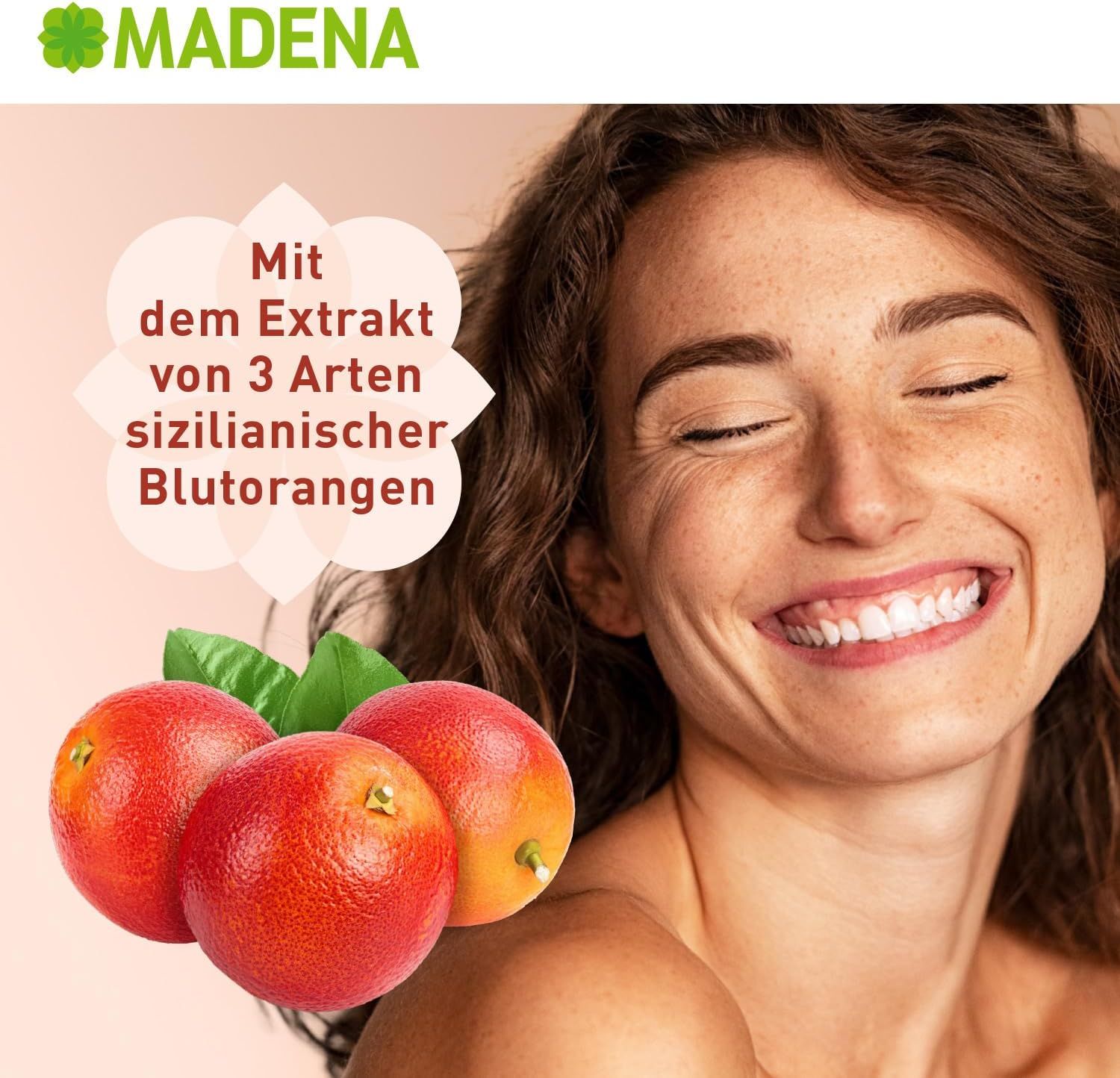 Frau mit geschlossenen Augen. Blutorangen und Blätter. Text: Mit dem Extrakt von 3 Arten sizilianischer Blutorangen.
