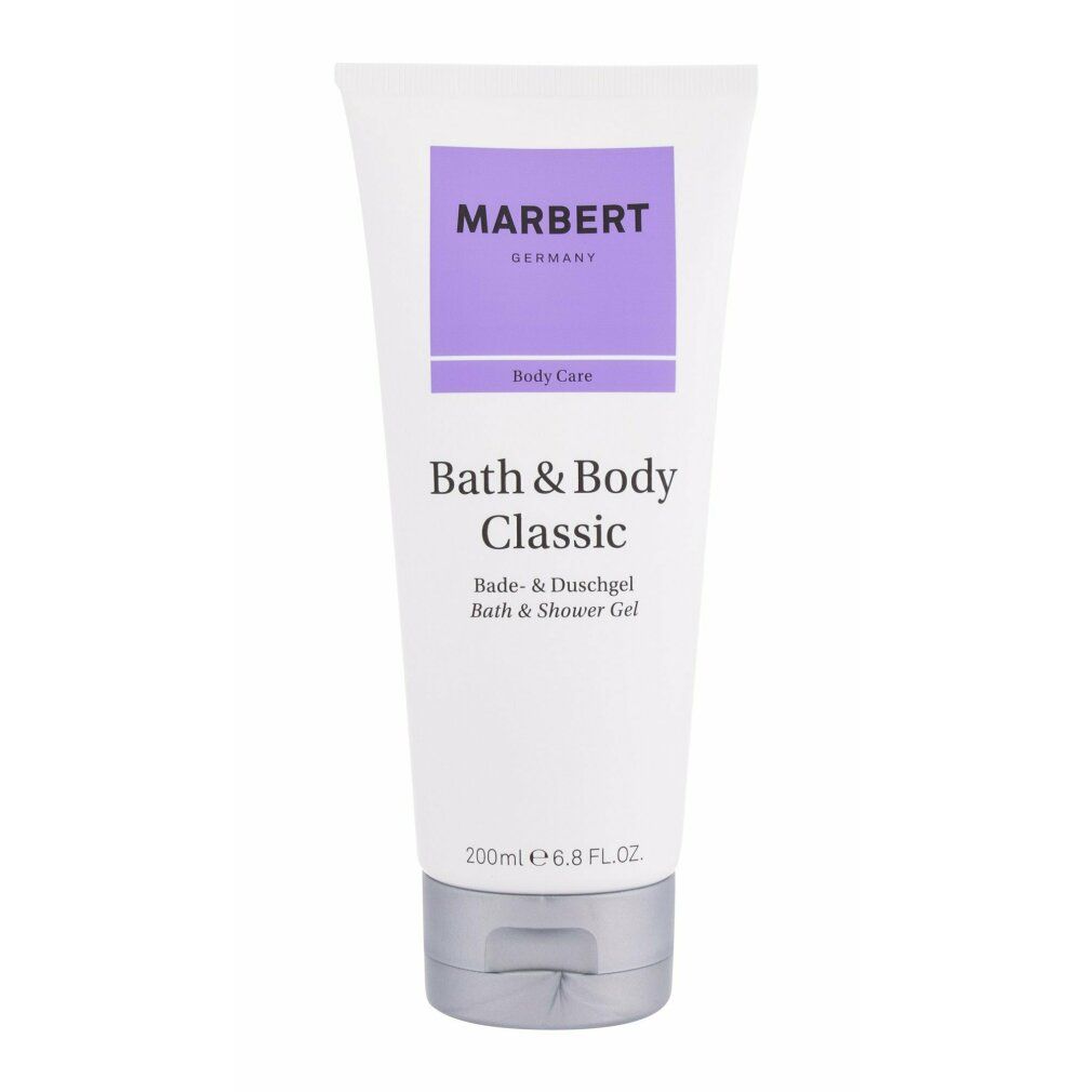 Weiße Tube mit lila Etikett. Aufschrift: MARBERT, Body Care, Bath & Body Classic, Bade- & Duschgel, Bath & Shower Gel. Unten: 200ml 6.8 FL.OZ.