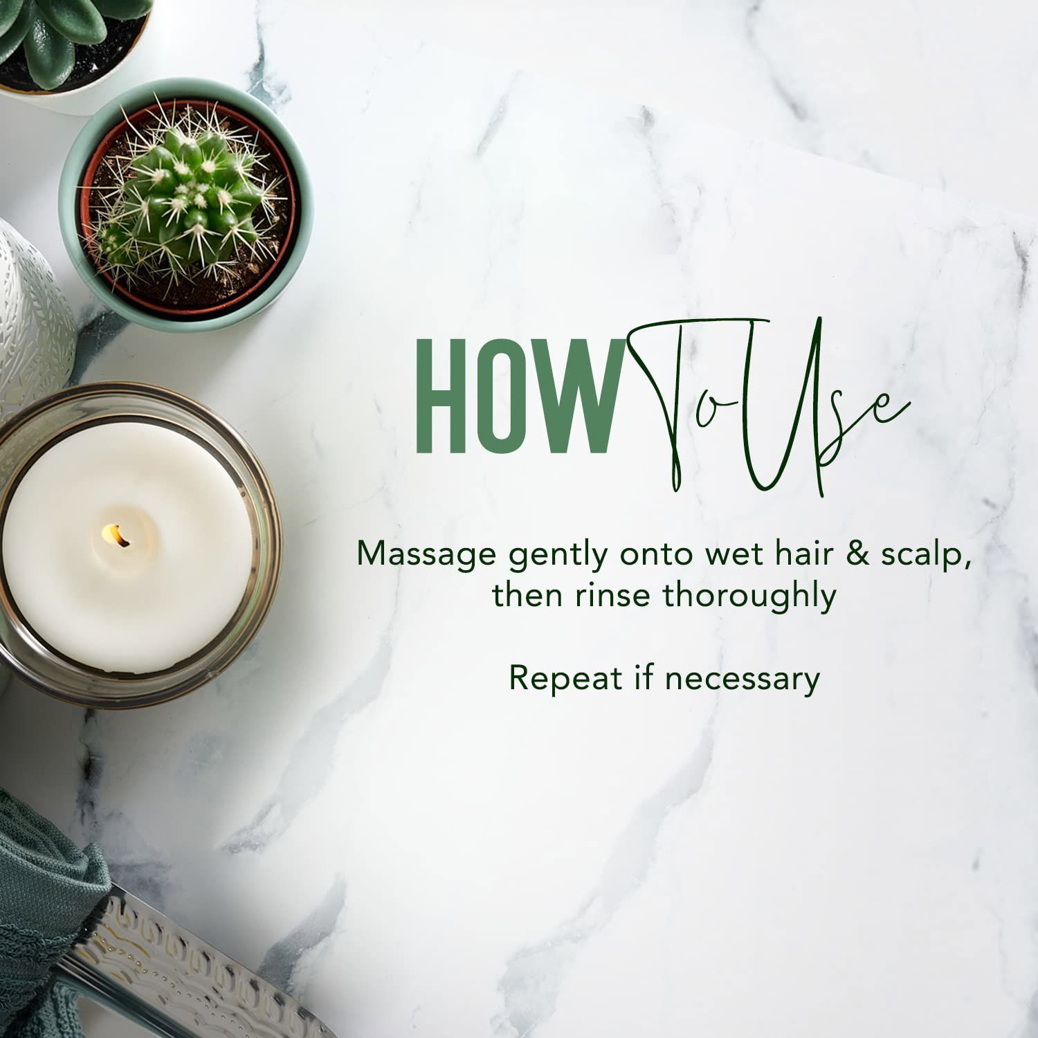 Textbild mit Überschrift: "HOW To Use". Anweisungen: Sanft auf nasses Haar und Kopfhaut einmassieren, gründlich ausspülen. Wiederholen.
