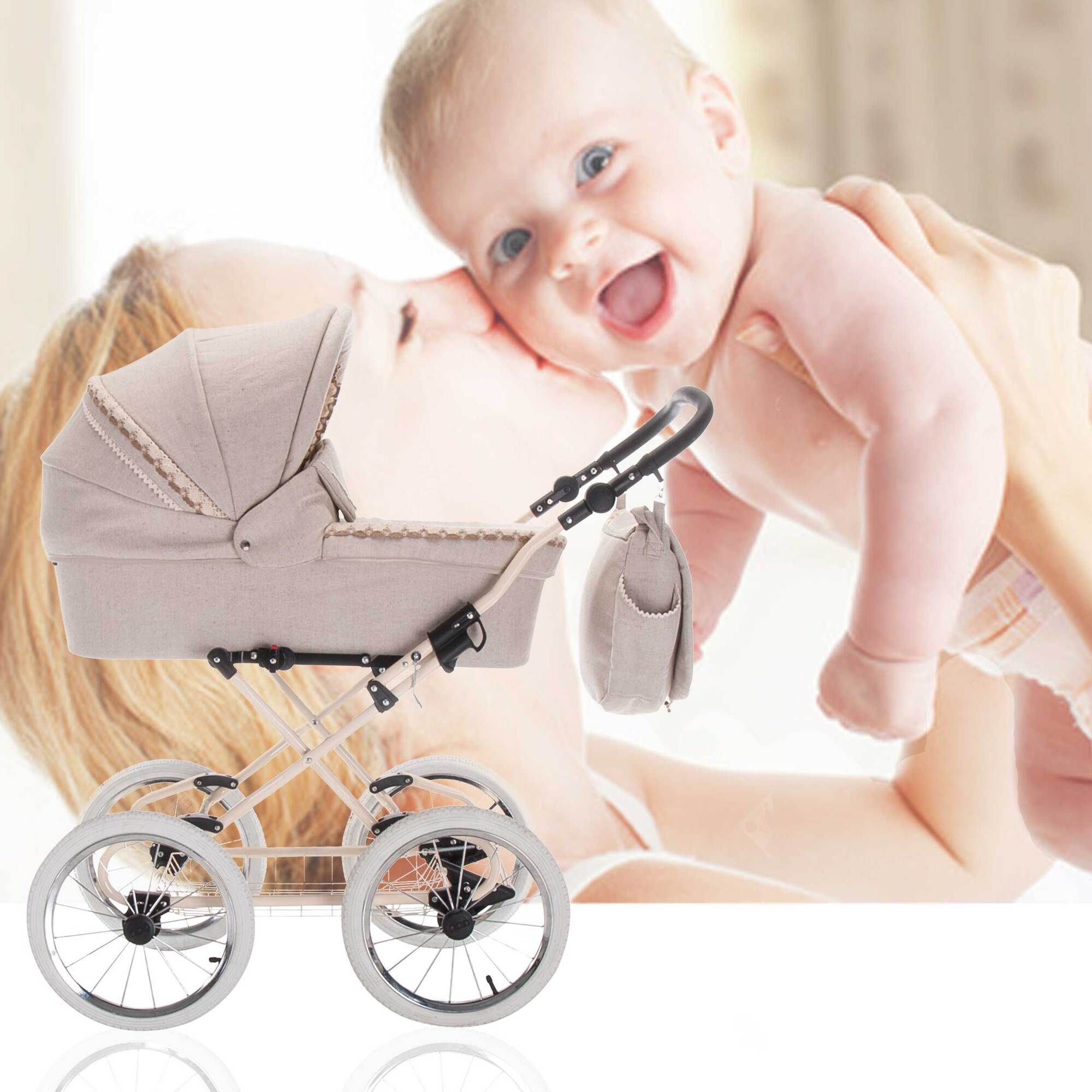 Friedrich Hugo Natureline 3 in 1 Kinderwagen Set Öko Nostalgie Kinderwagen, Elisabeth Creme